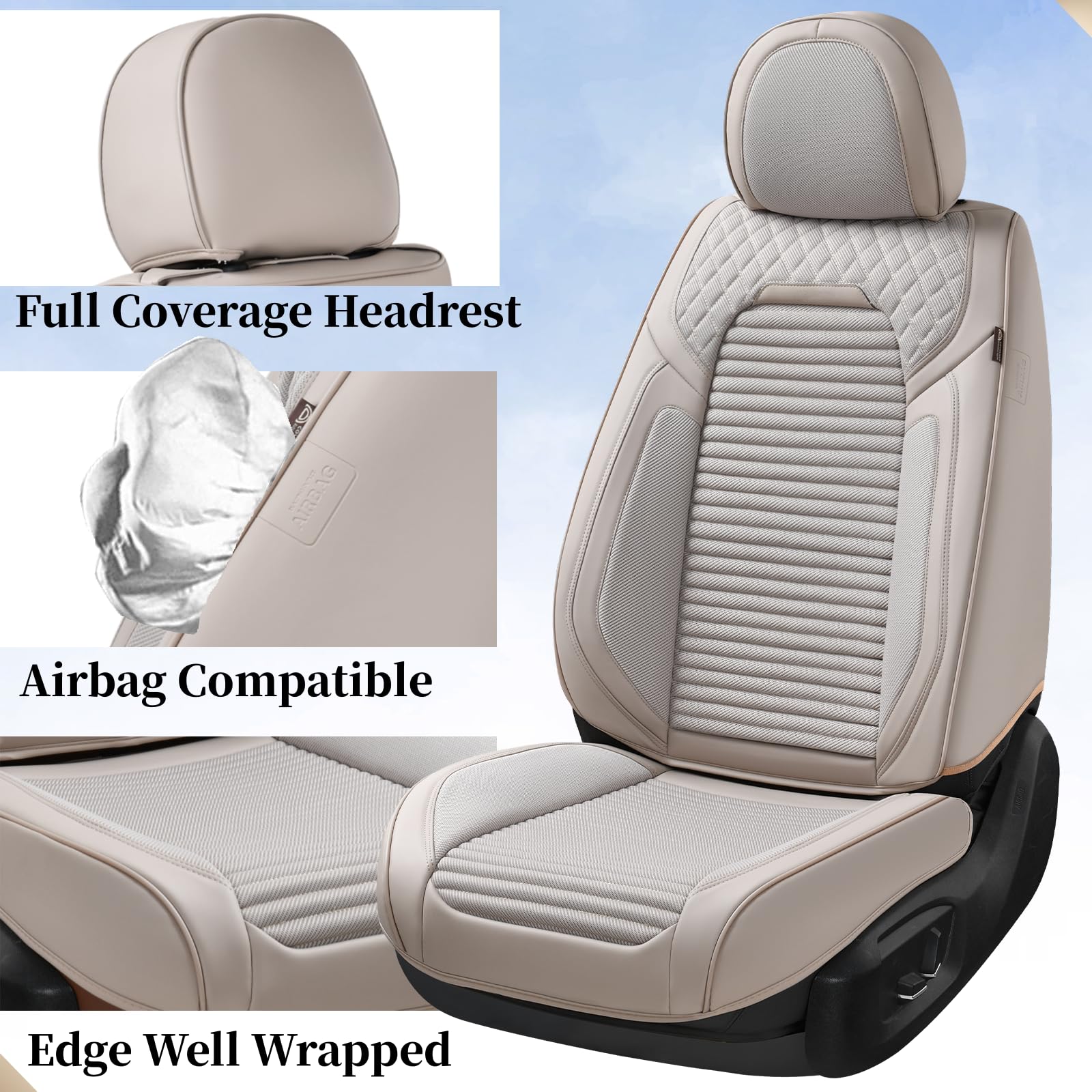 Premium Leather Car Seat Covers Full Set - Universal Waterproof Seat Protectors for Sedans, SUVs, Trucks & Vans | Perfect for Daily Commute, Road Trips & Family Protection (Beige)