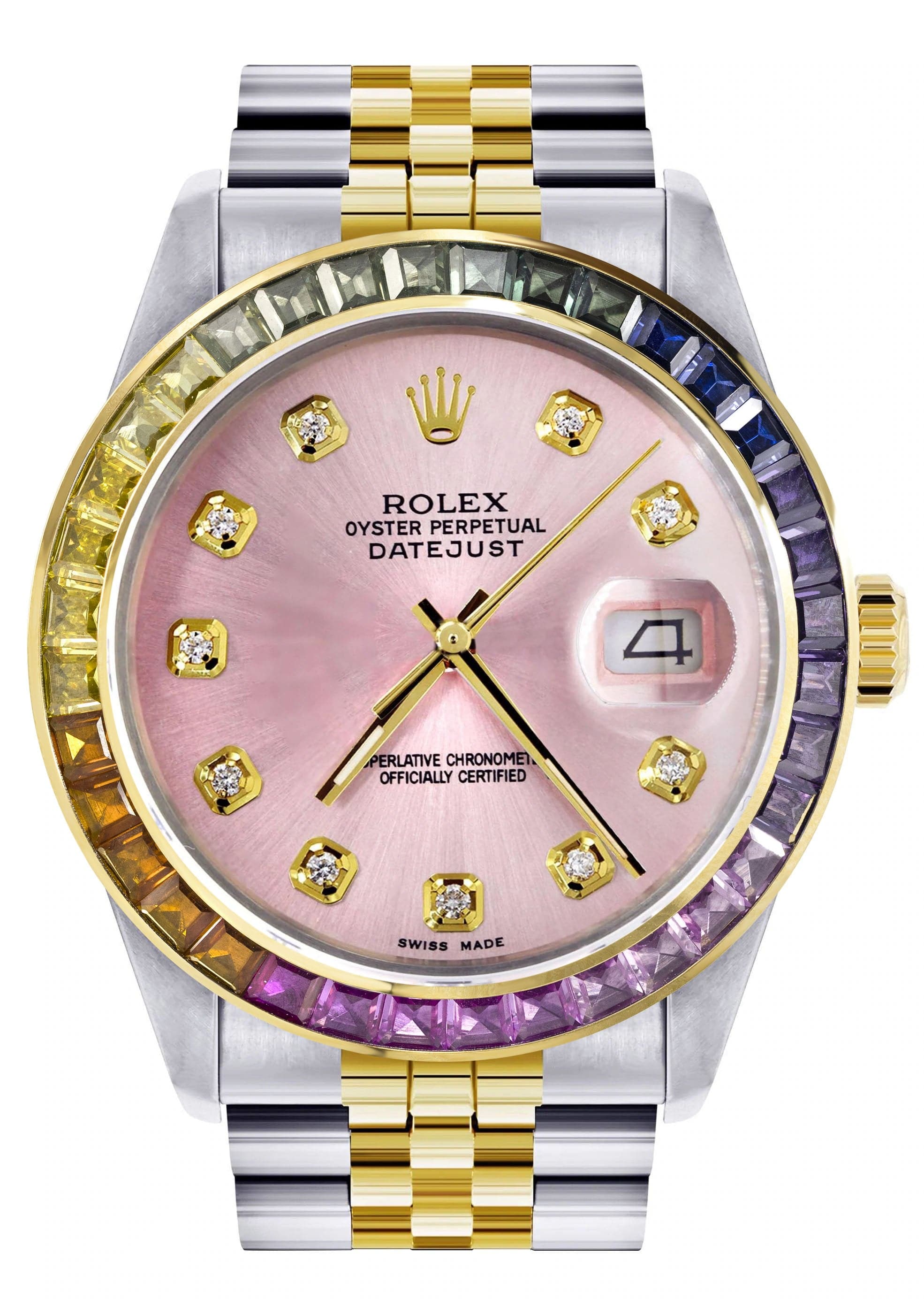 Luxury Diamond Gold Rolex Watch For Men 16233 | 36mm Rainbow Sapphire Bezel | Pink Dial | Jubilee Bracelet | Perfect for Gifts, Weddings & Special Occasions