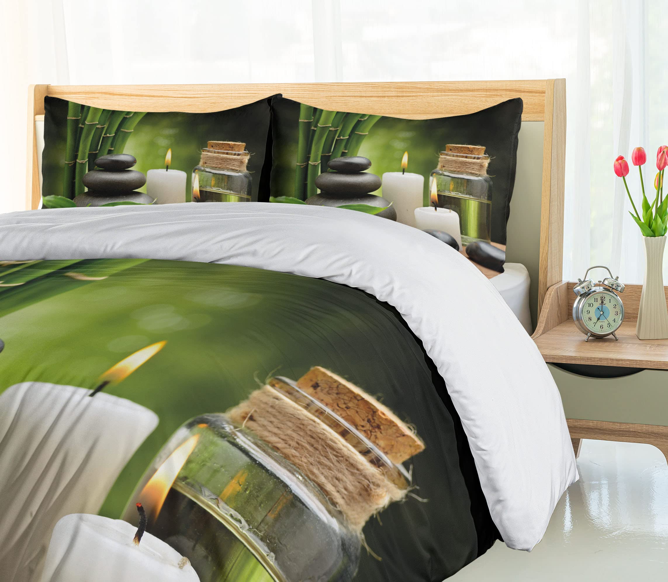 Ambesonne Spa Themed Duvet Cover Set - Exotic Rocks, Candles & Tropical Trees Print on Blurry Background, 3-Piece Bedding Set with 2 Pillow Shams, California King Size, White Black Green | Perfect for Relaxing Bedroom Decor, Spa Retreats & Tropical Vacation Vibes