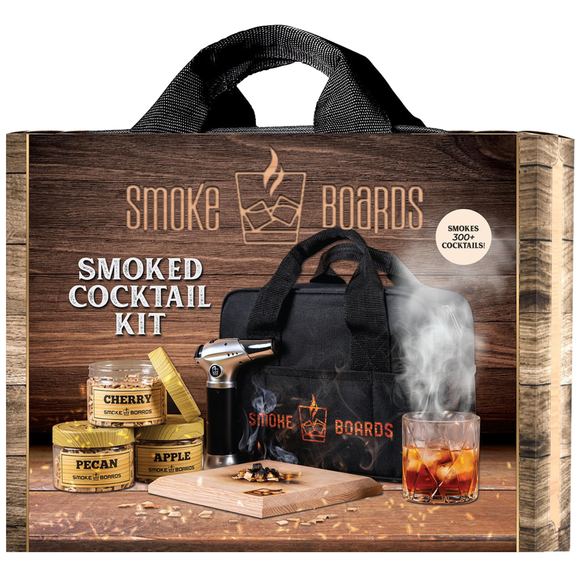 Premium Cocktail Smoker Kit with Torch - 7 Piece Old Fashioned Whiskey & Bourbon Smoking Set with Carrying Case, Handcrafted White Oak Board & 3 Wood Chips - Perfect for Home Bars, Cocktail Parties & Gift Giving
