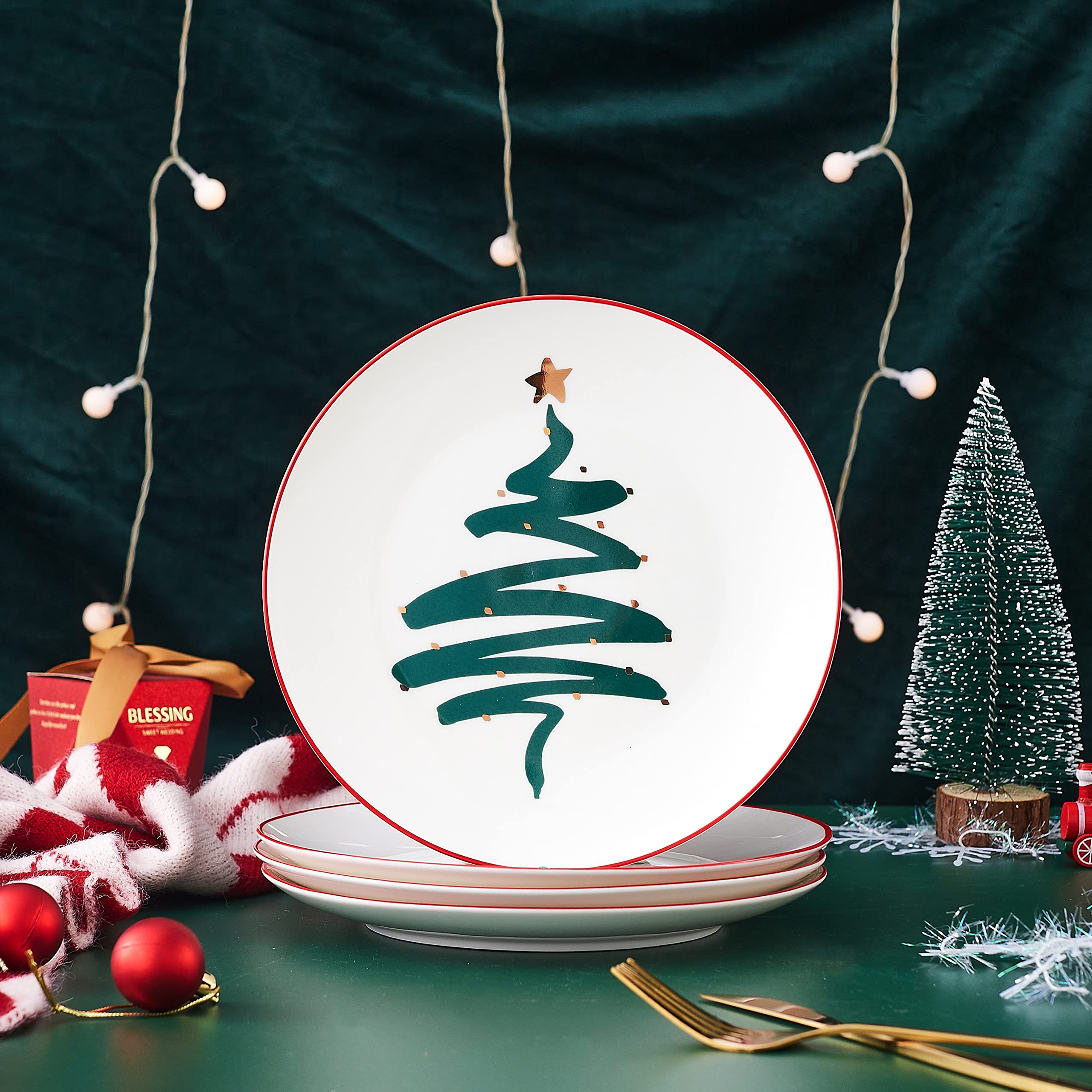 Premium Christmas Bone China Dessert Plates Set of 4 - 8 Inch Elegant Salad Plates, Oven & Dishwasher Safe - Holiday Tree Design for Festive Dining, Party Serving & Special Occasions