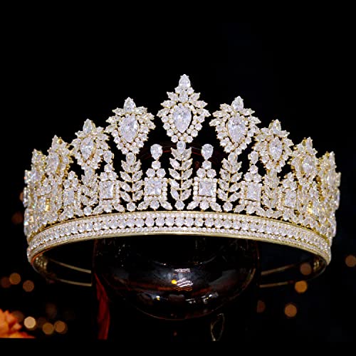 Jorsnovs 5A Grade Cubic Zirconia Wedding Tiara Crown - Large CZ Bridal Headpiece for Women & Girls | Perfect for Bridal Showers, Weddings, Prom & Pageants (Gold)
