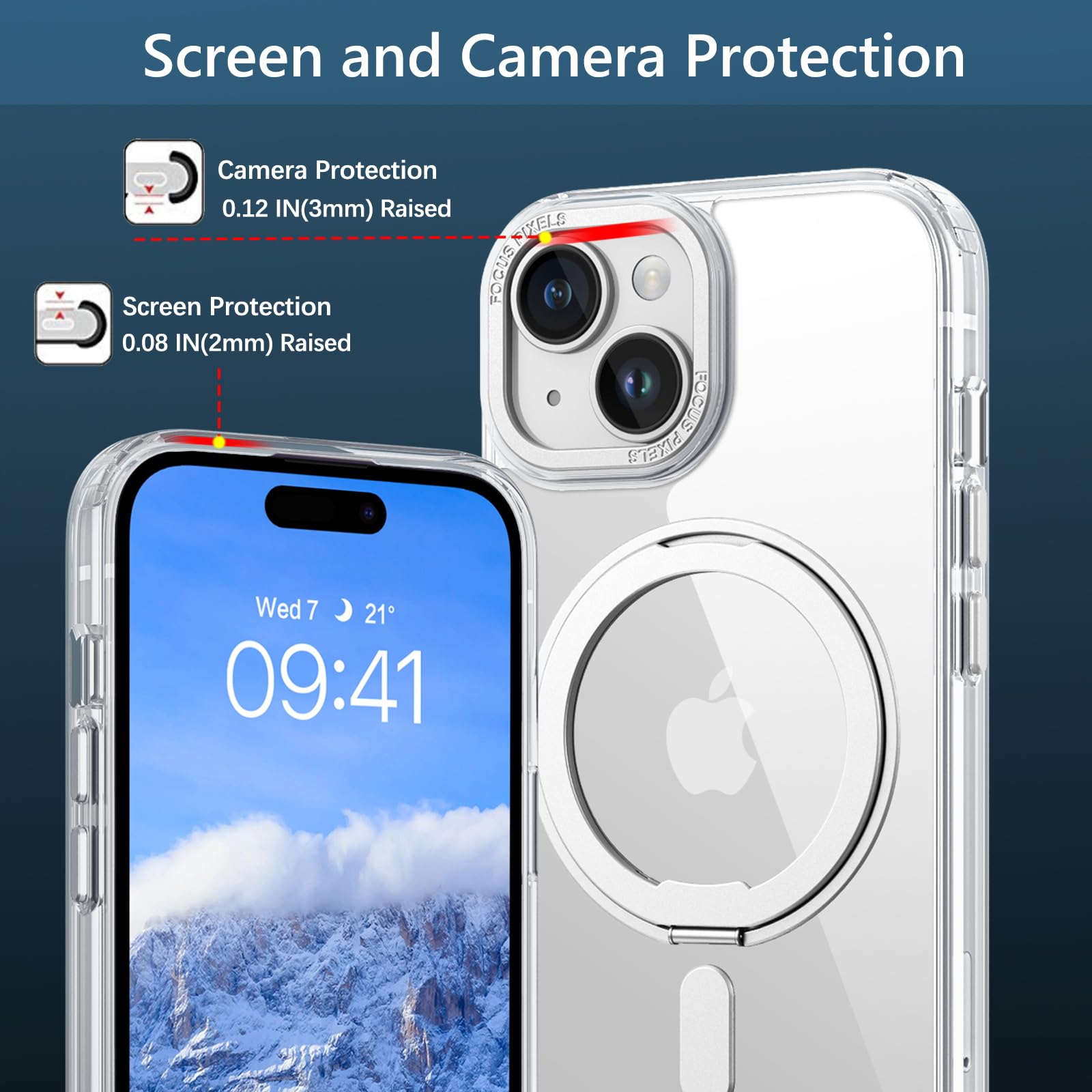 Magnetic iPhone 15 Case with 360° Rotatable Ring Stand - Shockproof Clear Cover for Work & Travel