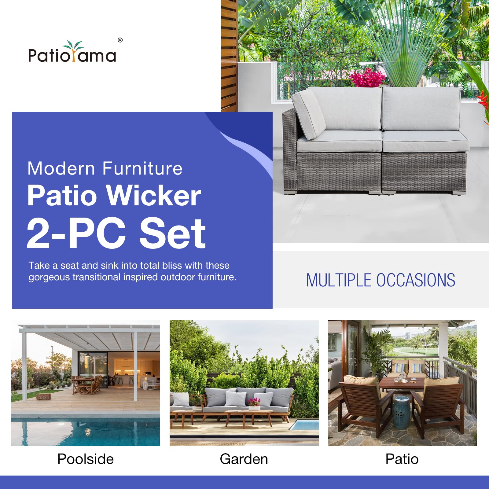 2-Piece Patio Furniture Set with Light Grey Cushions - All-Weather PE Wicker Outdoor Sectional Sofa & Loveseat for Porch, Balcony, Garden, Pool - Durable Grey Rattan Conversation Set for Relaxing & Entertaining Outdoors