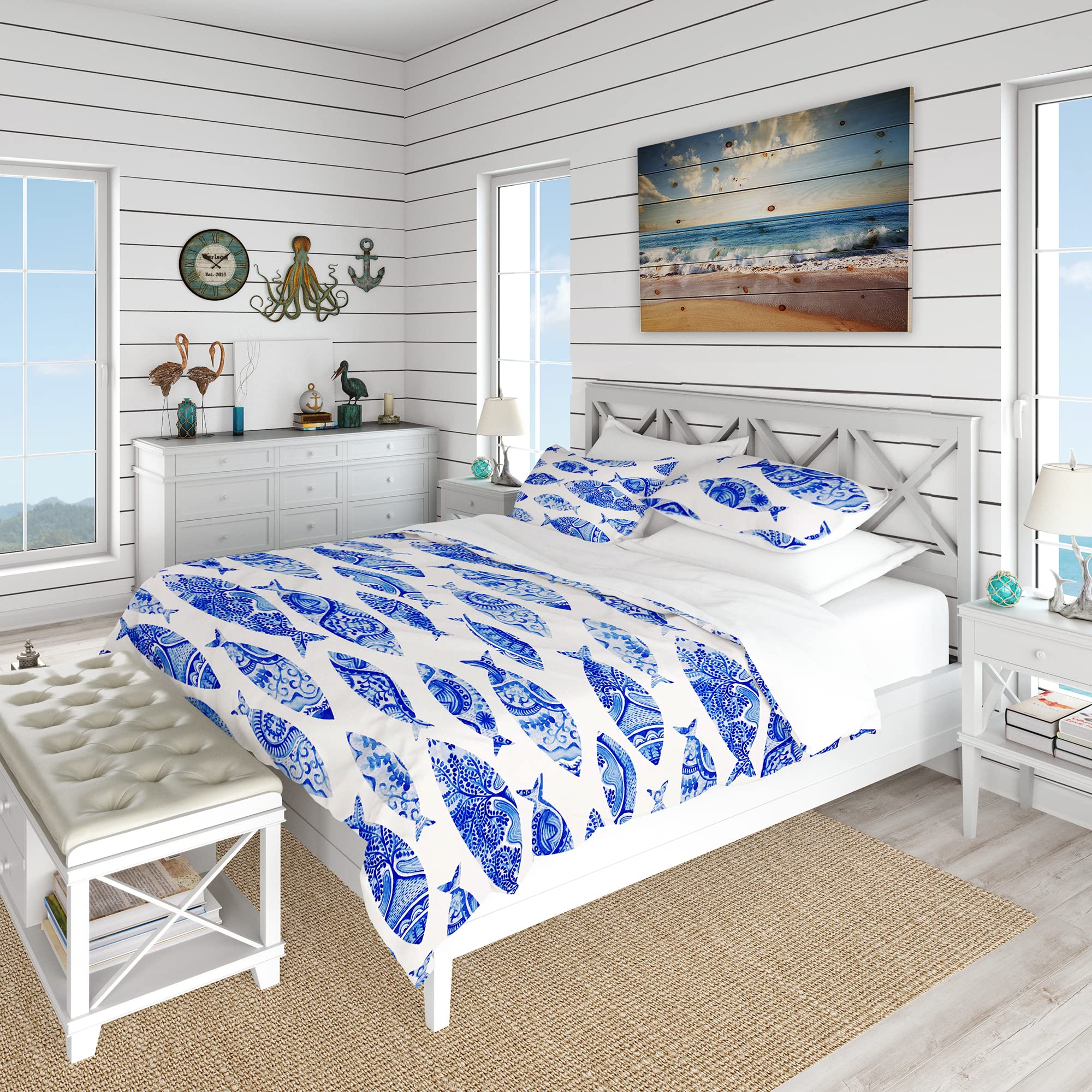 DesignQ Blue Nautical Fish Seamless Pattern Duvet Cover Set - Twin Size Coastal Beach Bedding 3-Piece All Season Comforter Set | Perfect for Beach House, Coastal Decor & Nautical Themed Bedrooms