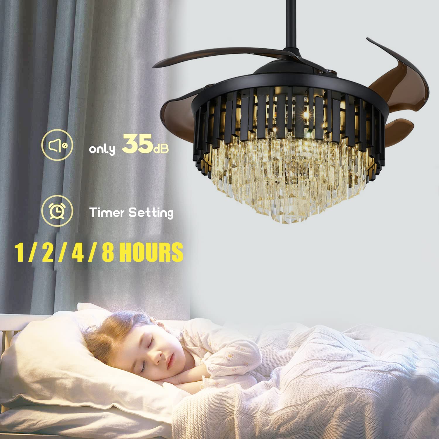 **Retractable Black Ceiling Fan with Lights & Remote Control - 3-Speed Quiet Fandelier for Bedroom, Living Room, Dining Room - Modern Chandelier Fan for Home & Office**
