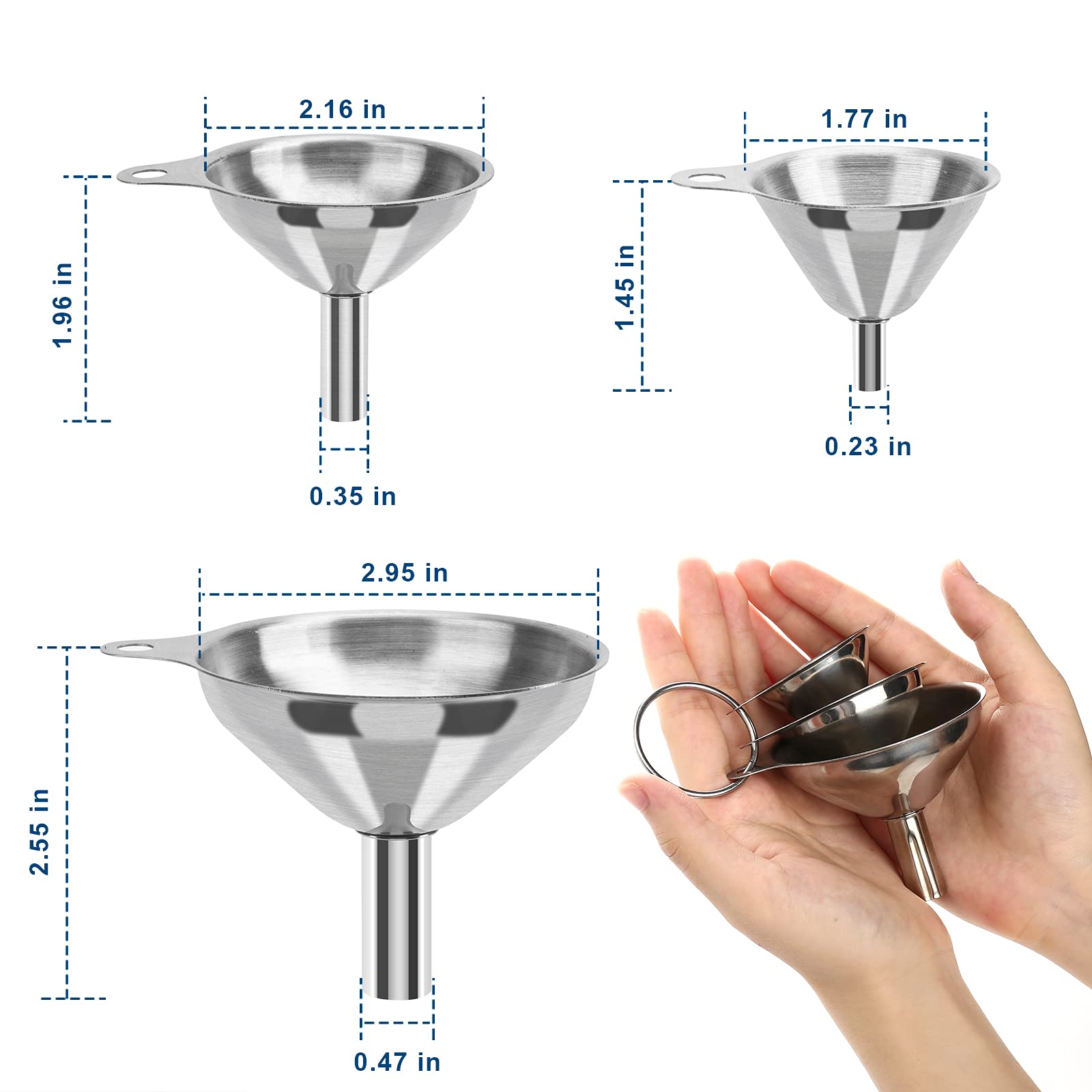 3-Piece Small Stainless Steel Kitchen Funnels Set - Food Grade Metal Funnels for Bottles, Essential Oils, Spices & Liquids - Perfect for Home Kitchen, DIY Projects & Crafting