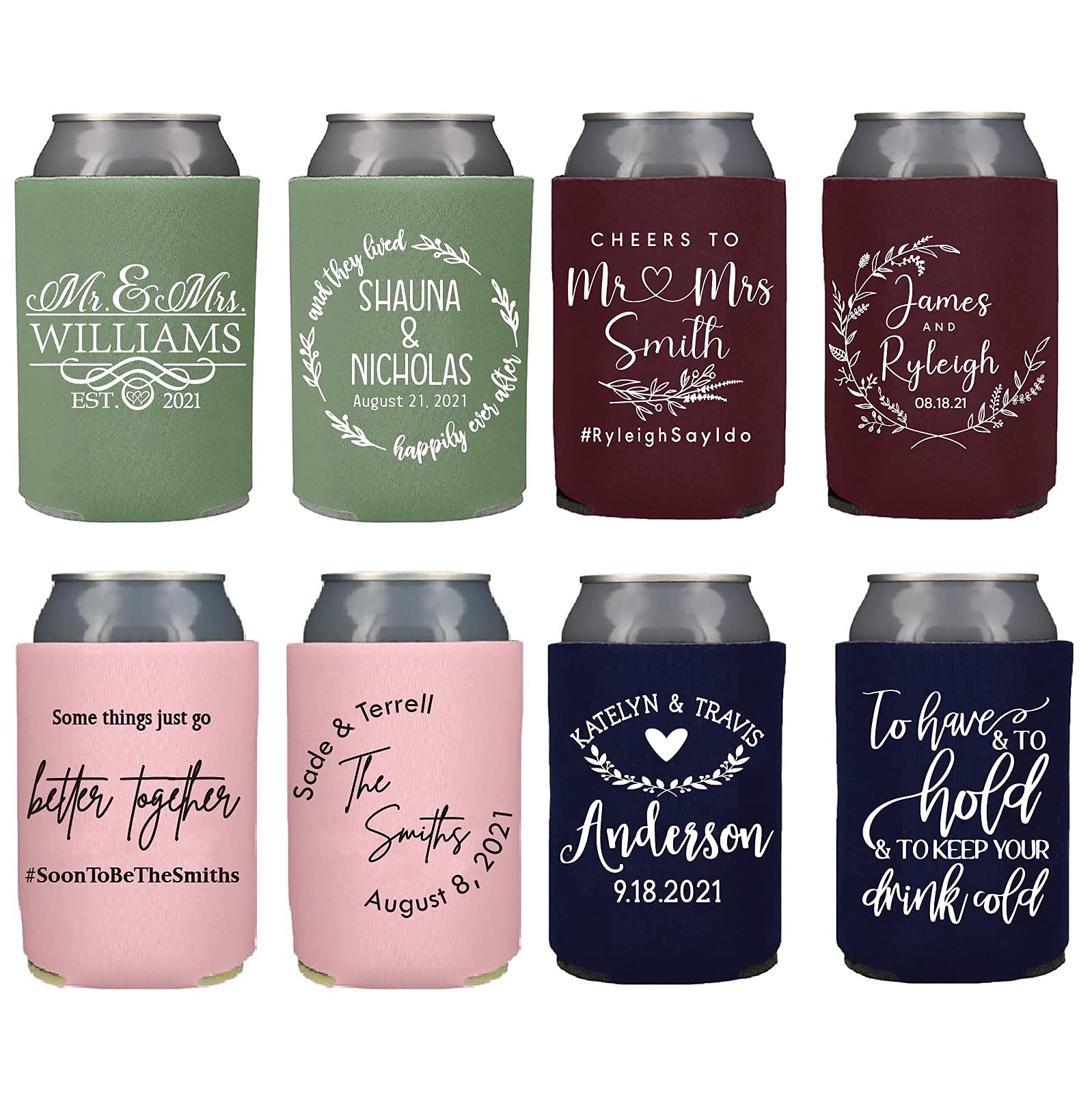 Personalized Wedding Can Coolers - Custom Monogram Can Holders for Wedding Favors (100-Pack, Assorted Colors) - Perfect for Bridal Showers, Rehearsal Dinners & Outdoor Weddings