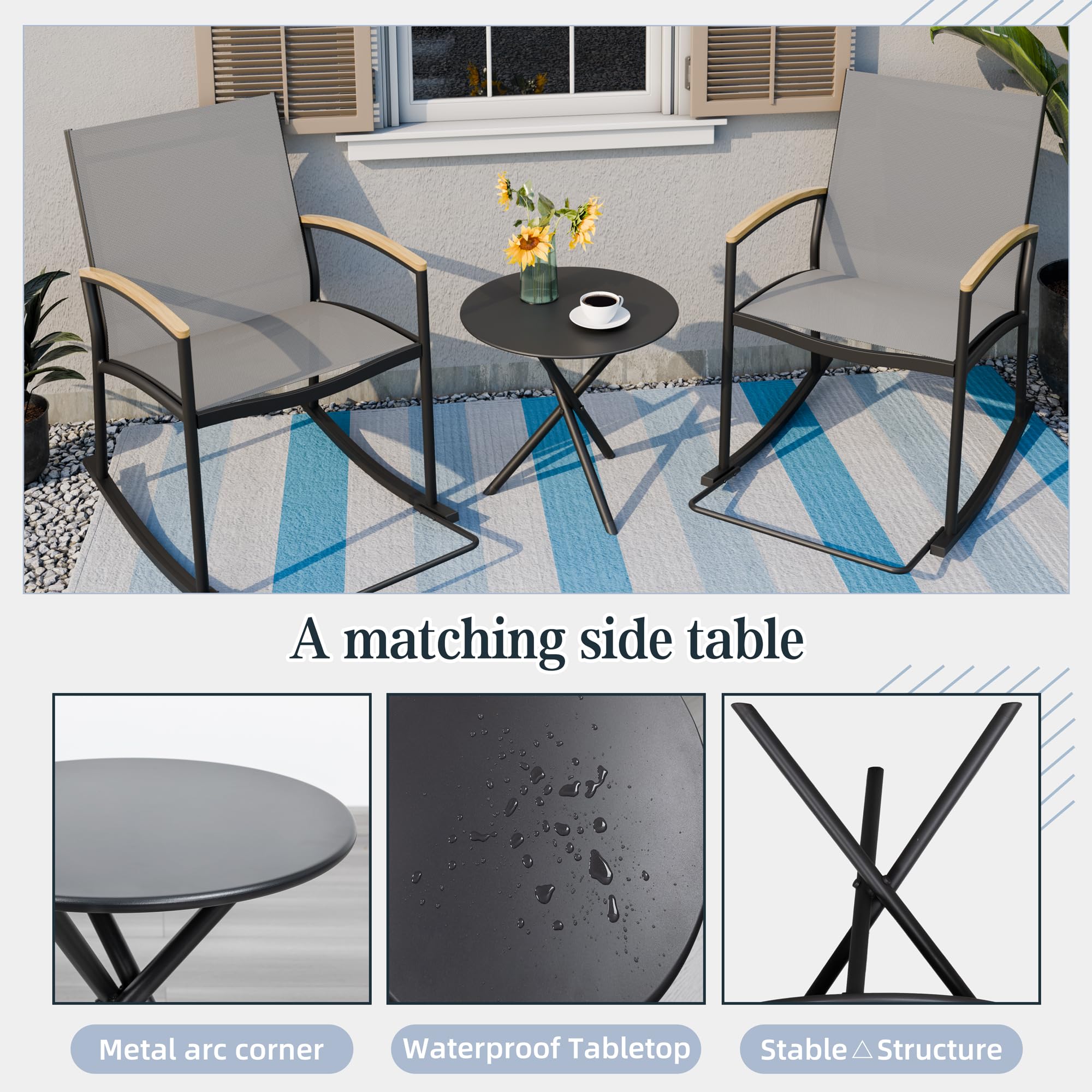 SUNLEI 3-Piece Outdoor Patio Bistro Set - Rattan Rocking Chairs & Black Coffee Table Conversation Set (Dark Grey) - Perfect for Garden, Balcony, and Backyard Relaxation