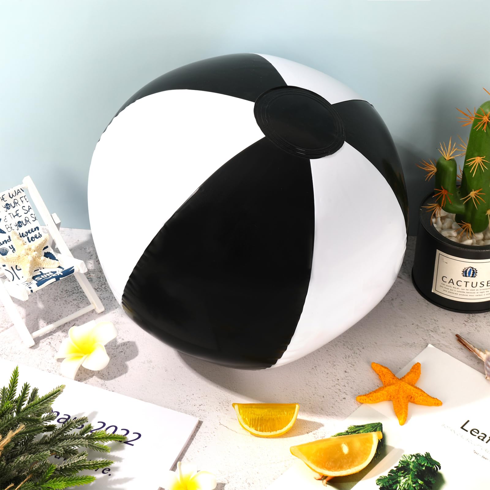 Whaline 16Pcs 16'' Black & White Inflatable Beach Balls - Round PVC Pool Toys for Summer, Hawaiian Tropical Theme Party Decorations - Perfect for Beach, Pool, Water Games & Sand Play