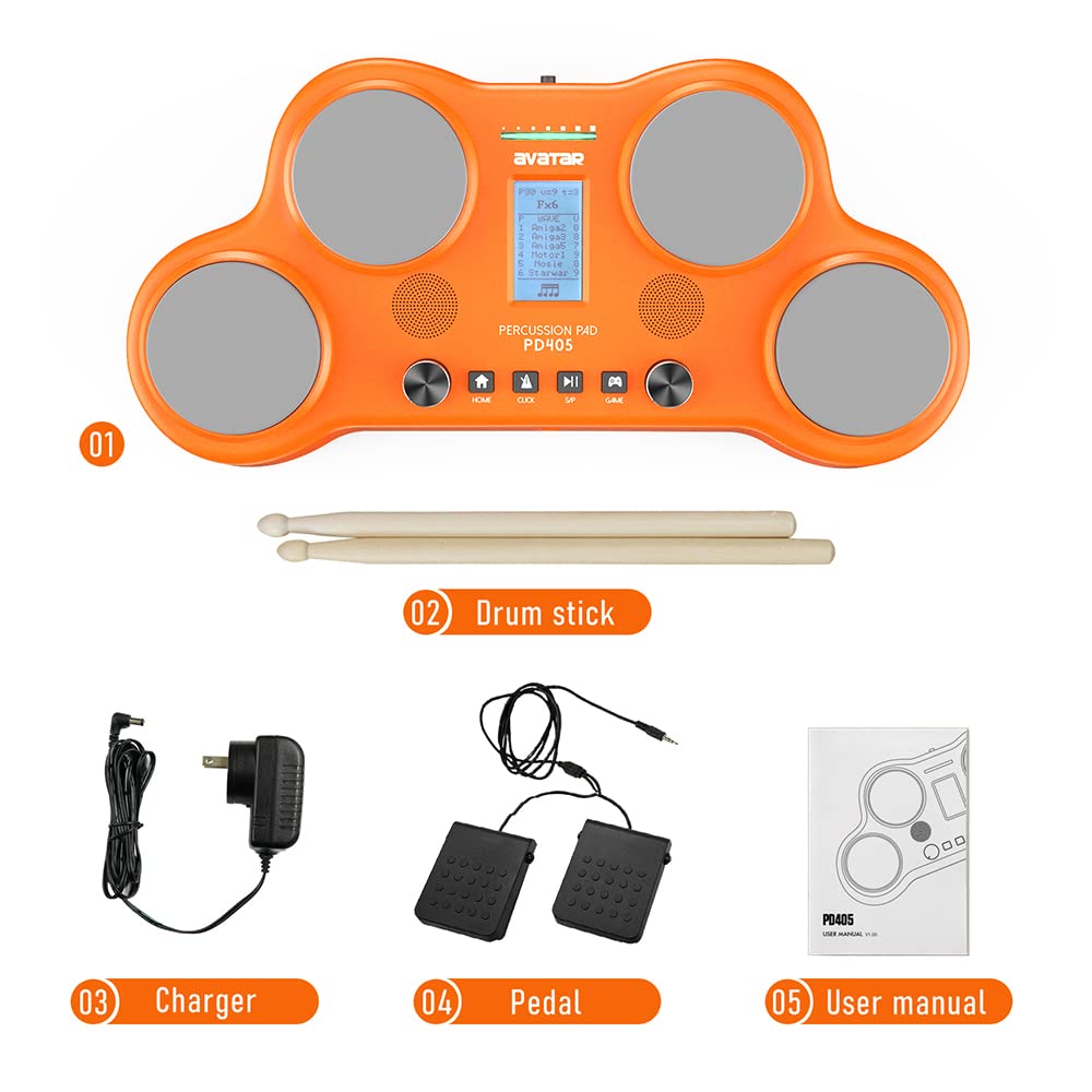 PD405 Electronic Drum Set with 4 Velocity-Sensitive Pads, 163 Sounds, Built-in Speaker, Pedals & Drum Sticks - Perfect for Beginners, Home Practice & Christmas Gifts