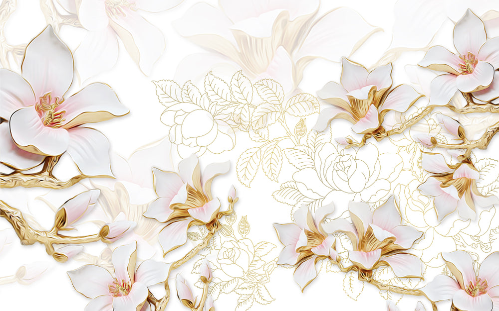 3D White & Gold Floral Design Wall Art - Premium Quality Canvas Poster Print - Multiple Size Options - Perfect for Living Room, Bedroom & Office Decor