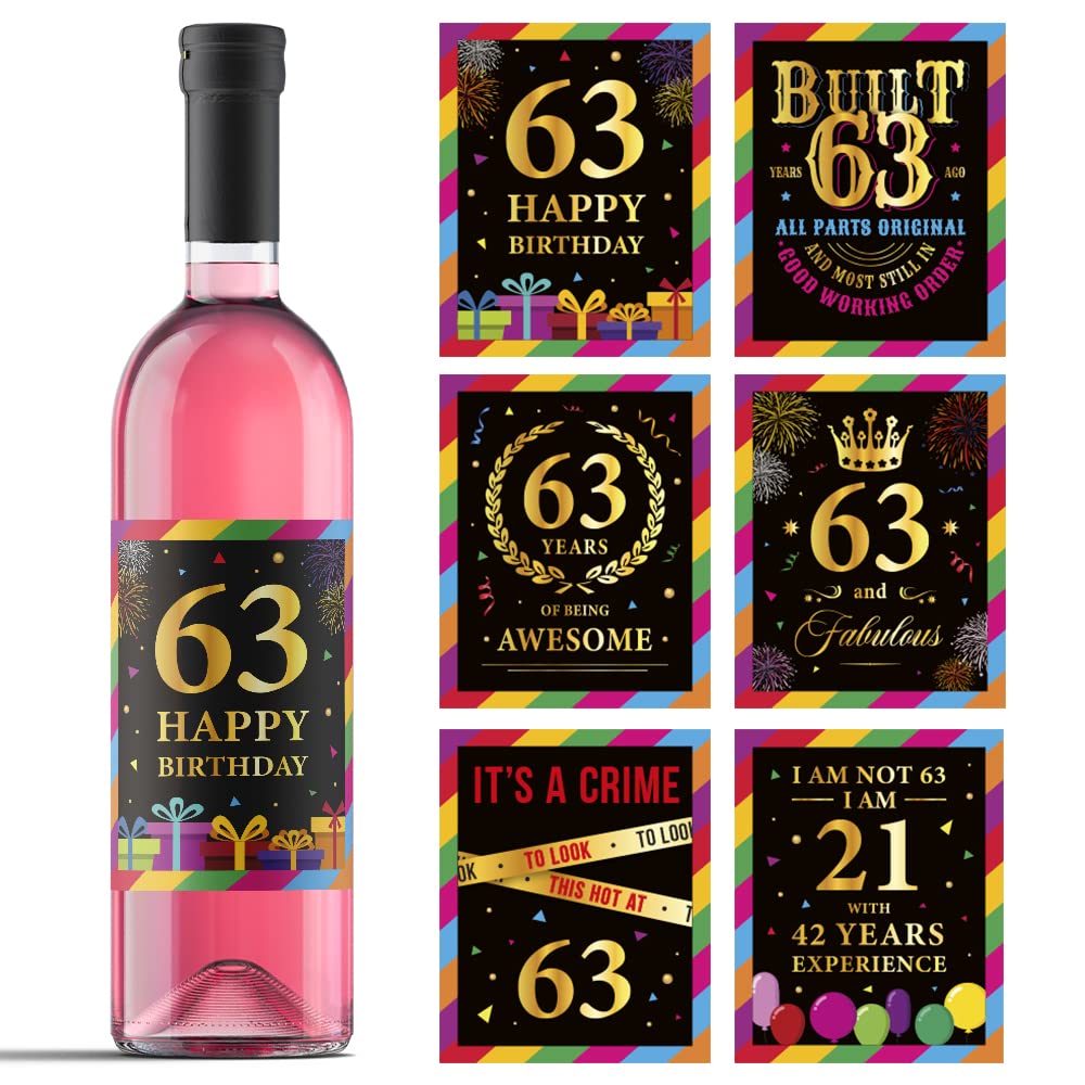 63rd Birthday Wine Bottle Labels - Set of 6 Personalized Stickers for 63 Year Old Birthday Party Decorations - Perfect Gift Idea for Anniversary Celebrations - Great for Wine Gifts, Retirement Parties & Milestone Birthday Decor