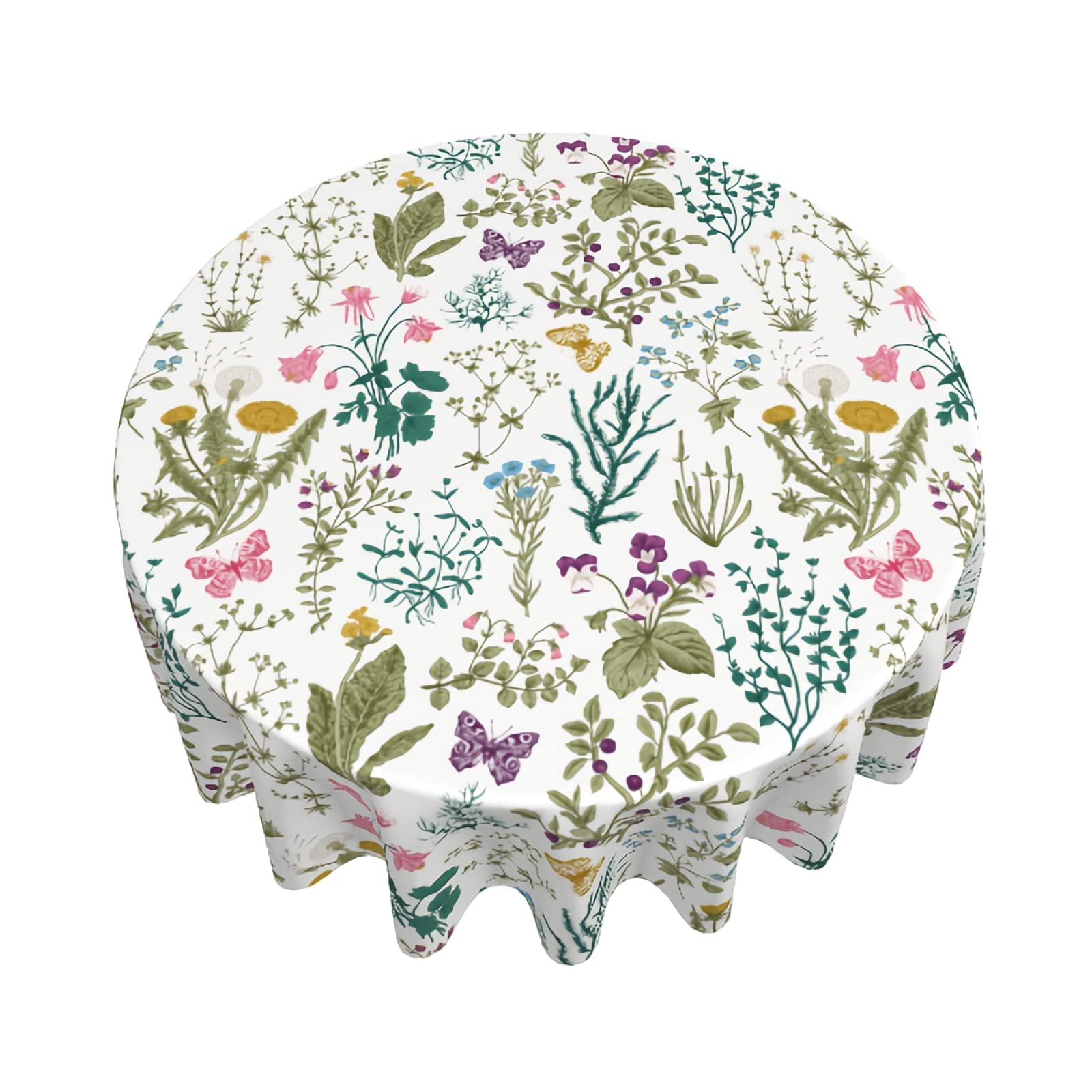 Sweetshow 60 Inch Round Floral Tablecloth - Herbal Wildflowers Design for Spring & Summer, Perfect for Dining Tables, Living Room, Kitchen Decor, and Party Settings