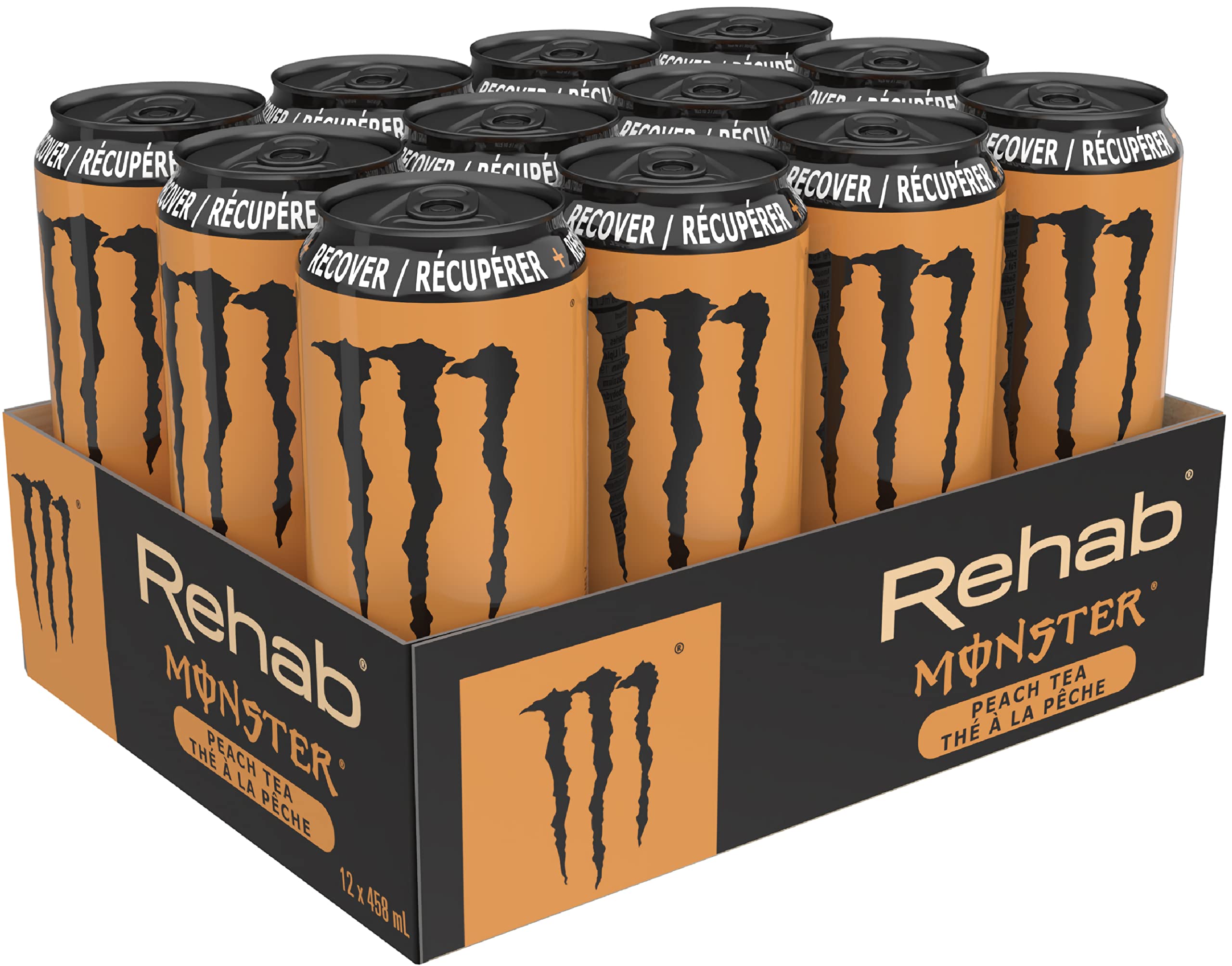 Monster Energy Rehab Peach Tea - 12 Pack of 458mL Cans | Refreshing Energy Drink for Workouts, Gaming & Outdoor Activities