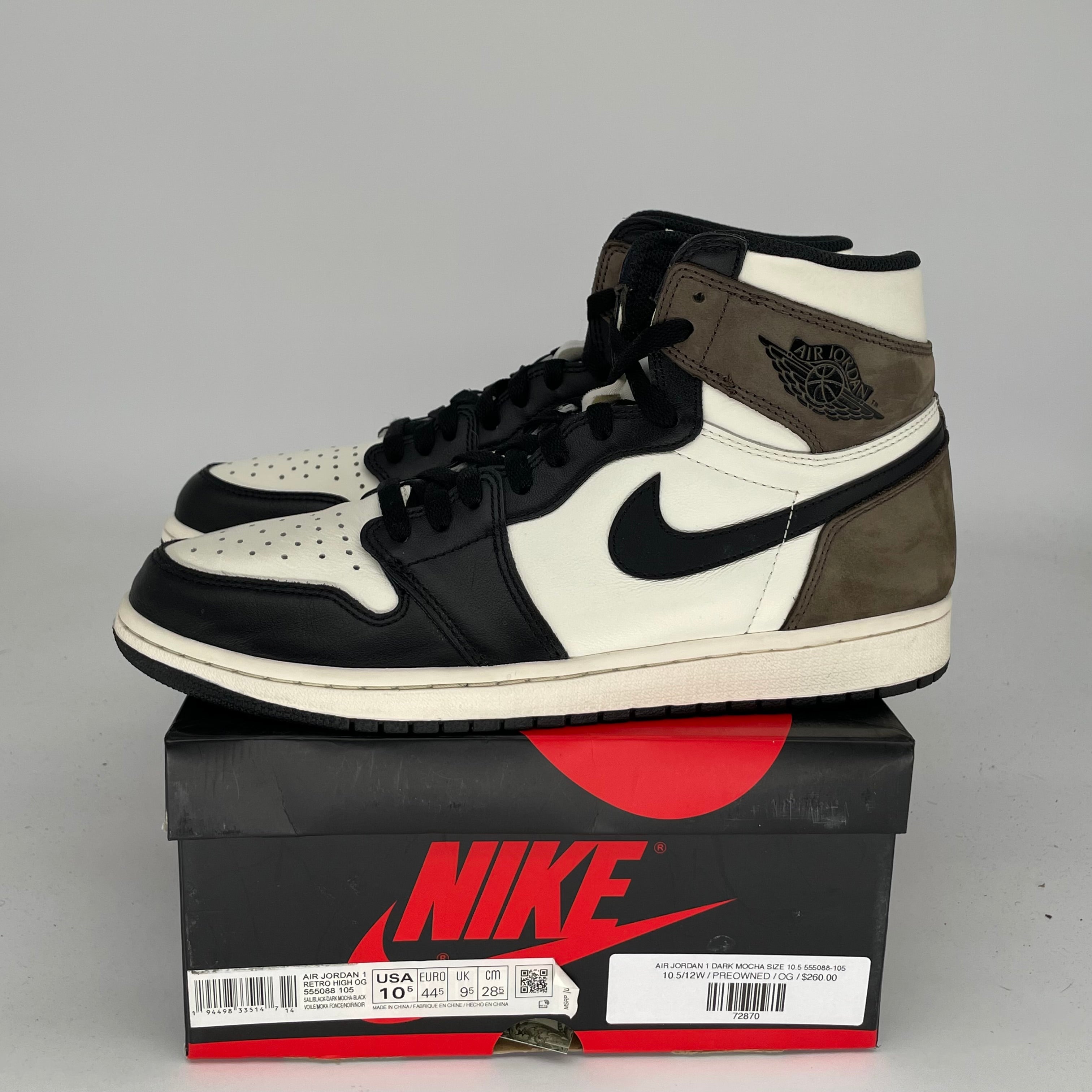 AIR JORDAN 1 DARK MOCHA Sneakers - Men's Size 10.5 (555088-105) - Retro High OG Basketball Shoes for Streetwear & Casual Style