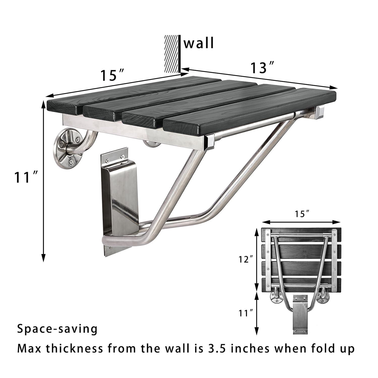 Foldable Wall-Mounted Shower Seat & Bench - Sturdy 350lb Capacity Shower Chair for Small Bathroom Spaces - Collapsible Shower Stool for Bathtub Safety - Plastic Wood Black Finish - Ideal for Elderly, Disabled & Space-Saving Bathroom Designs