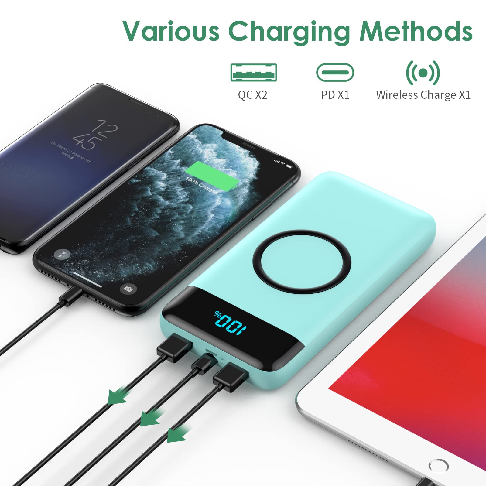 30,800mAh Wireless Portable Charger with 15W Wireless & 25W PD QC4.0 Fast Charging | Smart LED Display Power Bank | 4 Outputs & 2 Inputs | Compatible with iPhone 15/14/13, Samsung Galaxy S23/S22 | Perfect for Travel, Camping & Emergency Power Backup - Green