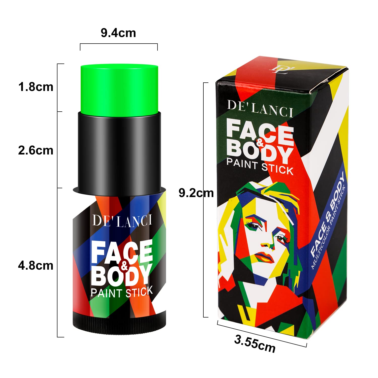 DE'LANCI Neon Green Body Paint Stick - Waterproof, Long-Lasting, Vibrant Color for Face & Body Art, Halloween, Cosplay & Festival Makeup