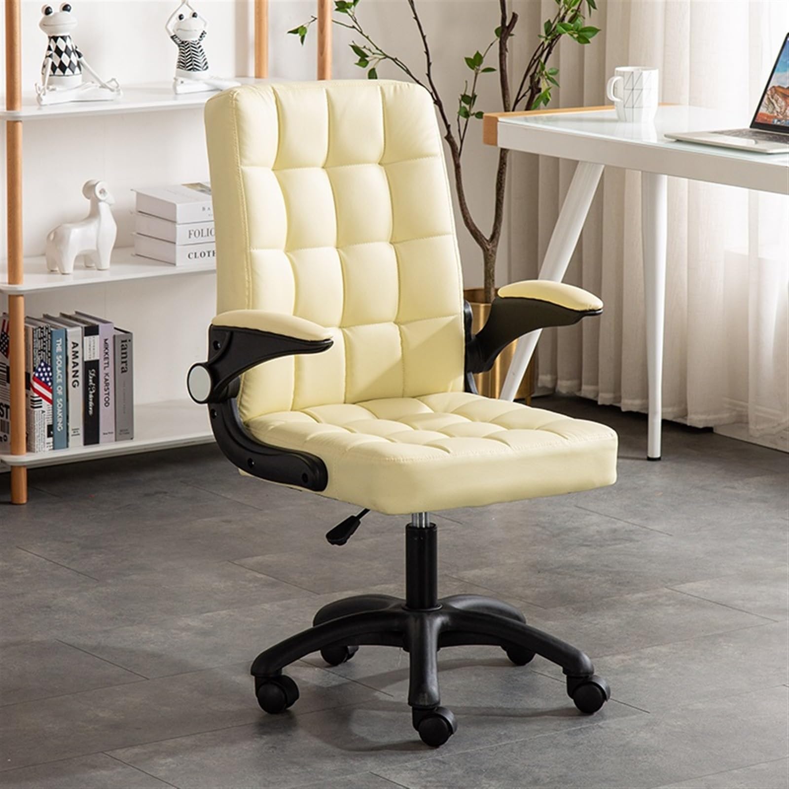 Ergonomic Office Chair with Flip-Up Armrests - Faux Fur Rolling Desk Chair for Home & Workspace - Comfortable Computer Chair for Long Hours (White) - Perfect for Remote Work, Gaming & Study Sessions