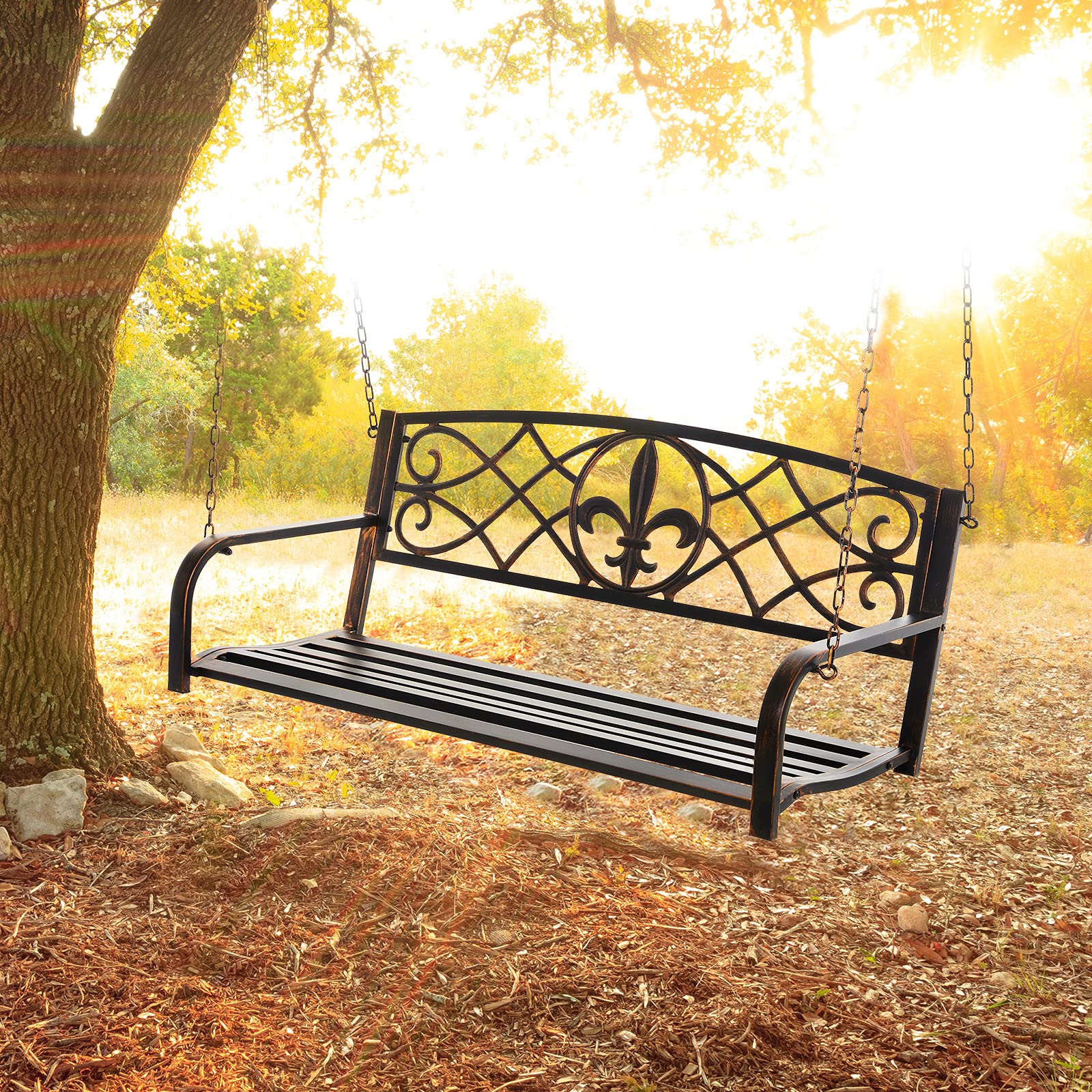 Outsunny 2-Person Steel Hanging Porch Swing with Fleur-de-Lis Design - 528 lbs Weight Capacity, Bronze Patio Swing Bench for Outdoor Garden, Deck & Backyard Relaxation