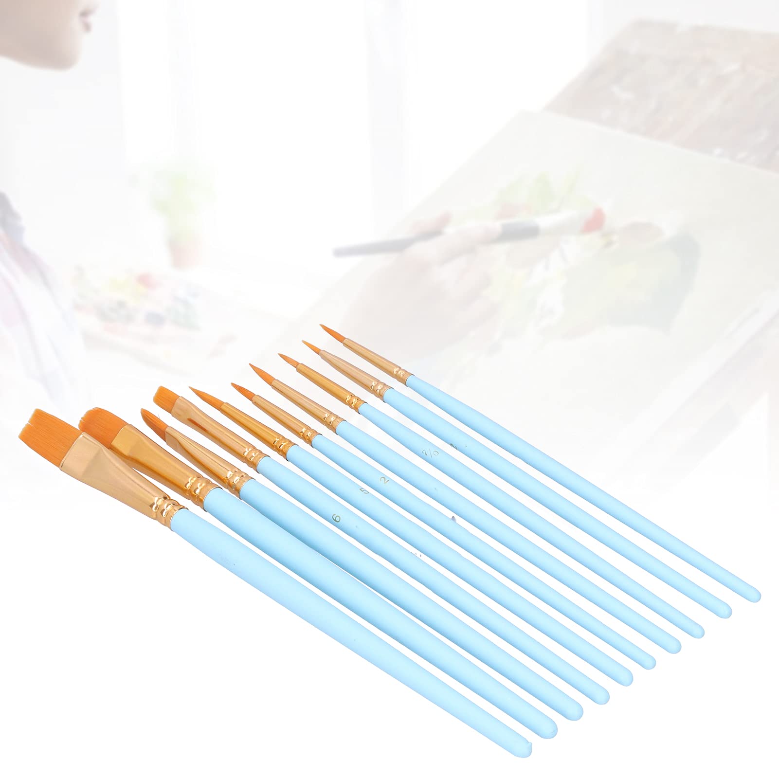 10Pcs Professional Artist Paint Brushes Set - Watercolor, Oil, Acrylic & Gouache Painting Tools - Sky Blue Long Handle (101B-10) - Perfect for Canvas, Paper & DIY Art Projects
