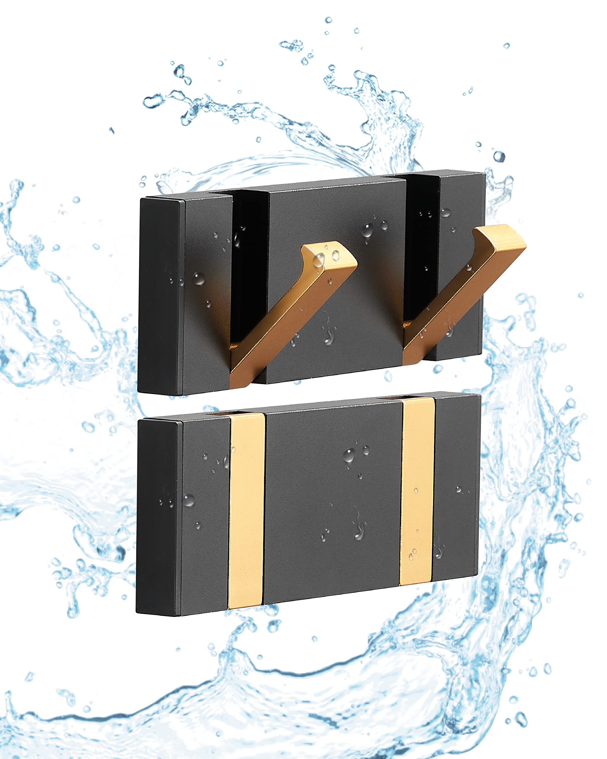 2 Pack Waterproof Black Gold Retractable Wall Hooks - Space Saving Bathroom Towel Hooks & Coat Hooks for Door, Kitchen, Balcony - Matte Finish for Modern Home Decor (Perfect for Small Spaces & Organization)