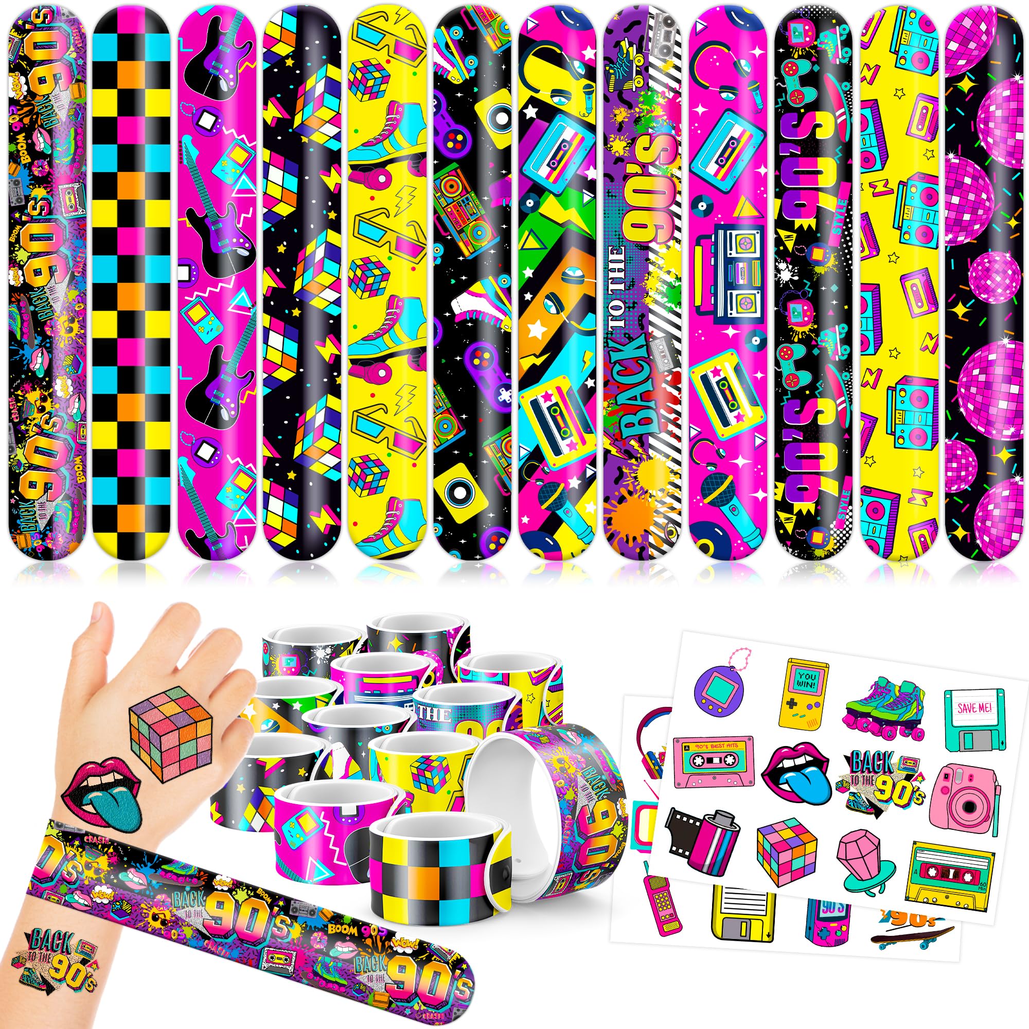 48PCS 90s & 80s Party Favors - 24PCS Temporary Tattoos & 24PCS Slap Bracelets, Retro 90s Birthday Party Supplies Decorations for Kids, Classroom Prizes & Rewards for Boys & Girls - Perfect for 90s Theme Parties, School Events & Birthday Gifts