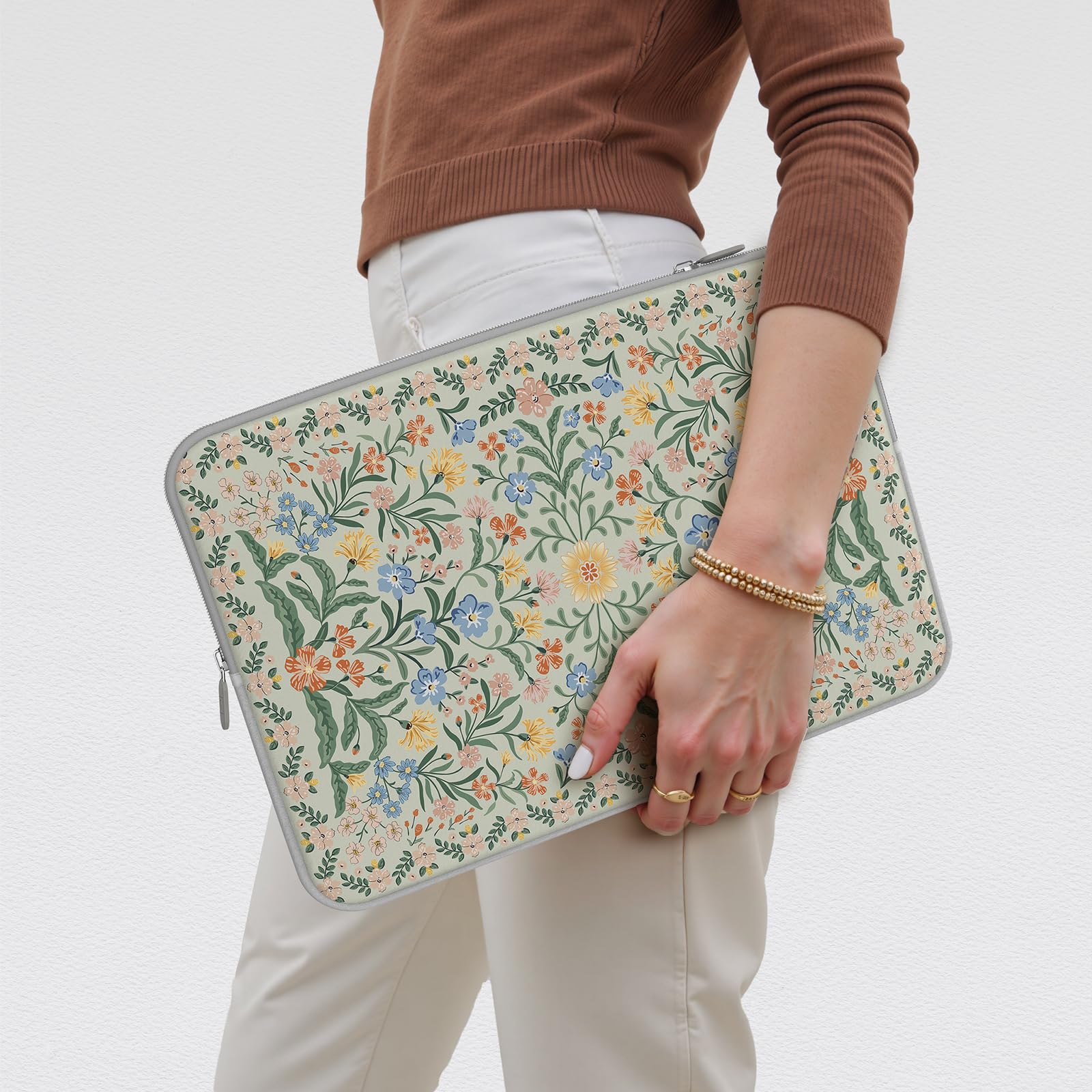 iCasso 13-14 Inch Laptop Sleeve for MacBook Air/Pro, Chromebook & HP - Slim Protective Travel Case with Green Boho Floral Design | Perfect for Work, School & Commuting