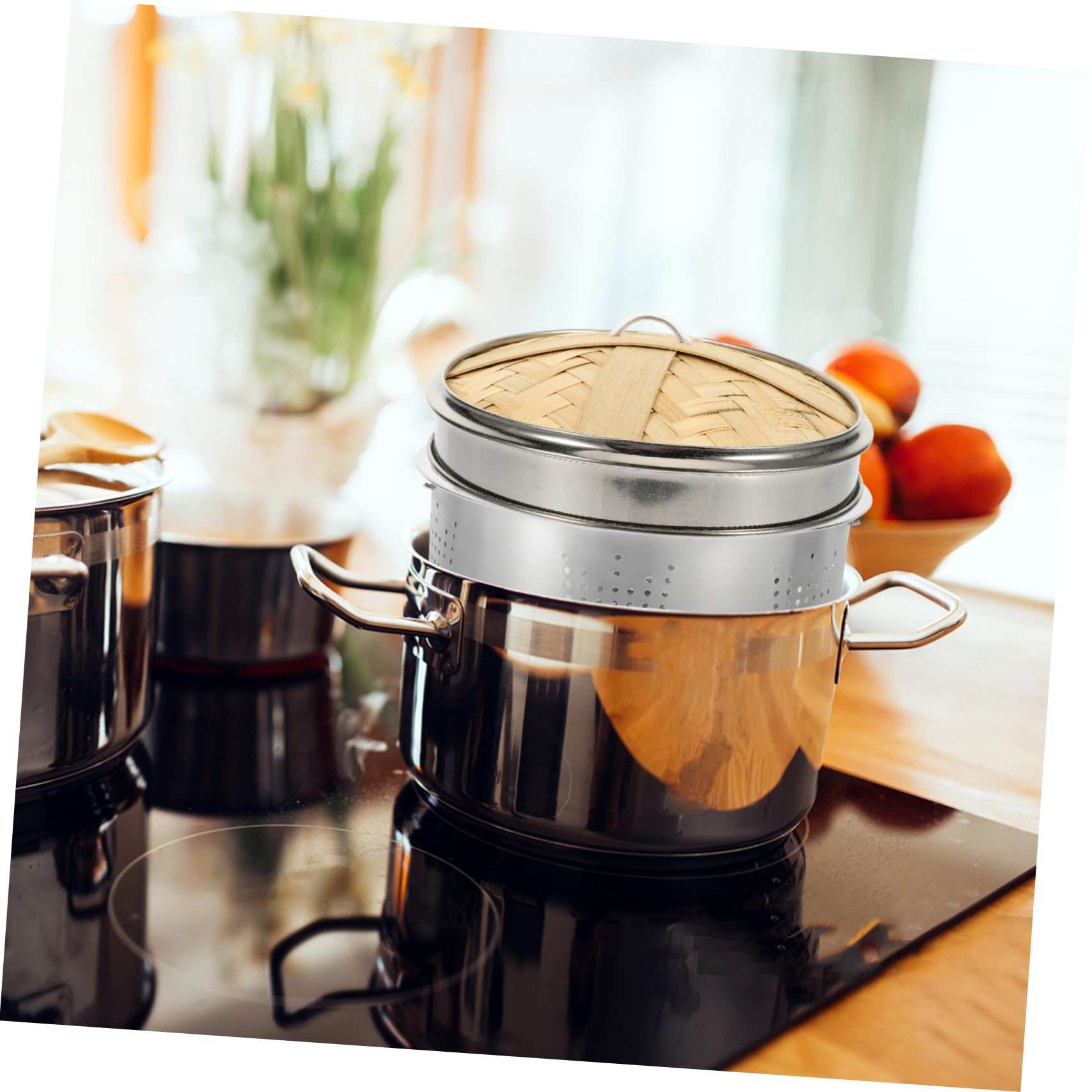 Cabilock 1-Piece Bamboo Steamer Basket Set - Stainless Steel & Wooden Dim Sum Steamer with Lid - Perfect for Dumplings, Buns, Vegetables & Asian Cooking