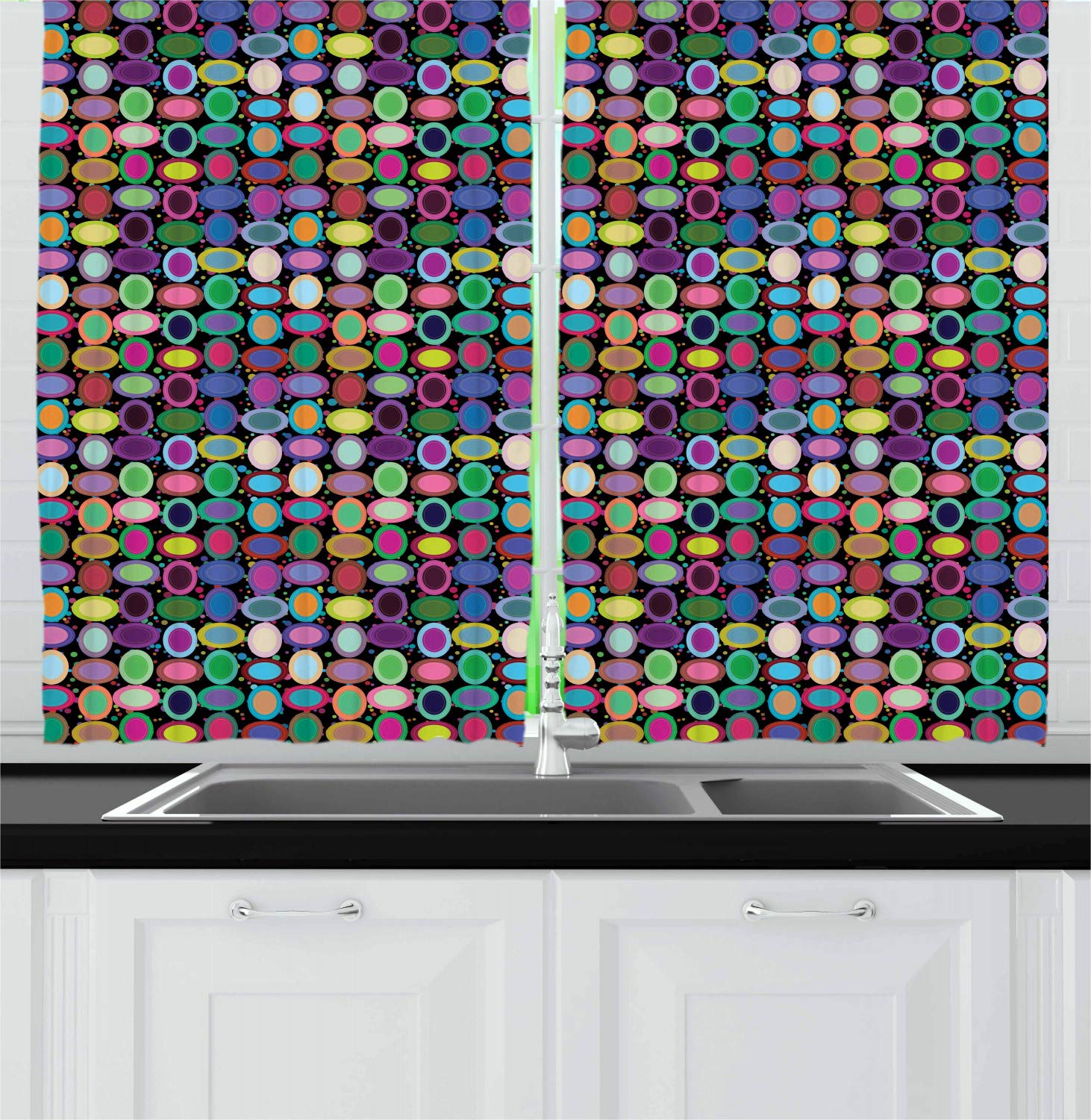 Ambesonne Geometric Kitchen Curtains Set of 2 - Colorful Abstract Concentric Oval Tile Pattern on Dotted Background, 55