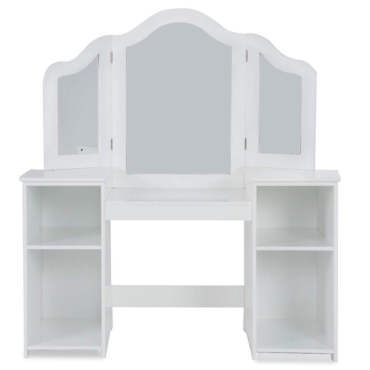 **White Kids Vanity Table with 4 Storage Shelves & 2 Folding Mirrors - 2-in-1 Makeup Dressing Table for Girls, Perfect for Bedroom Playroom & Birthday Gifts**