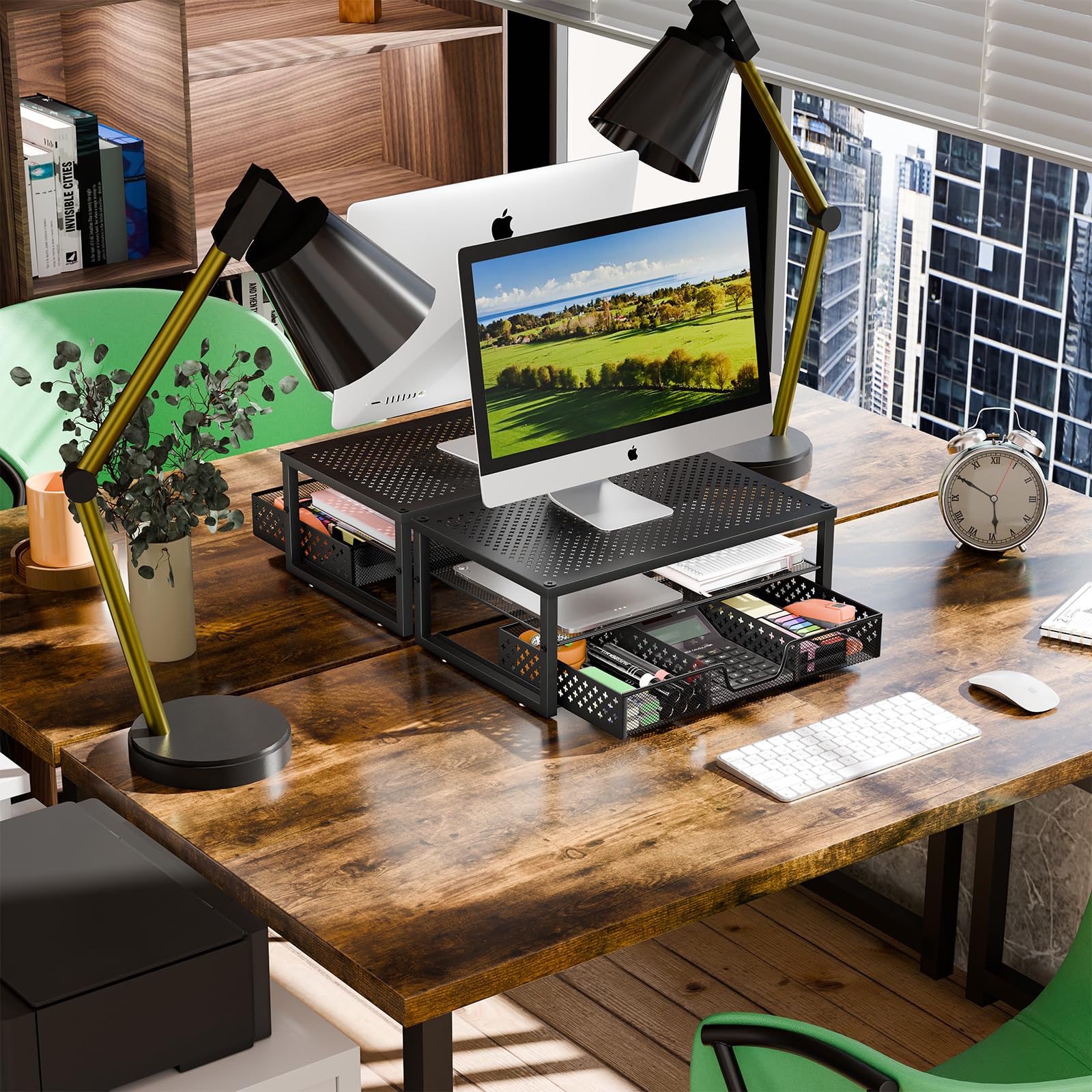 Black Metal Monitor Stand Riser with Storage Drawer - Ergonomic Desk Organizer for Laptop, Computer & iMac - Perfect for Home Office & Workspace Organization