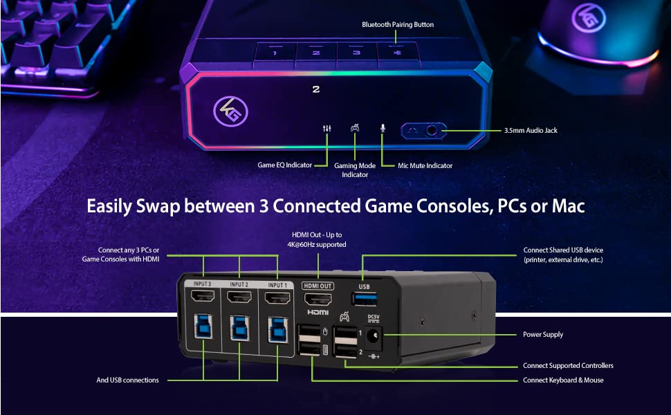 IOGEAR Nexus 3-Port 4K HDMI KVM Switch for PC & Gaming Consoles - PS5, Xbox Series X/S, Nintendo Switch - 1440P@144Hz, 1080P@240Hz (GCS1337) | Perfect for Multi-Device Gaming & Work Setup