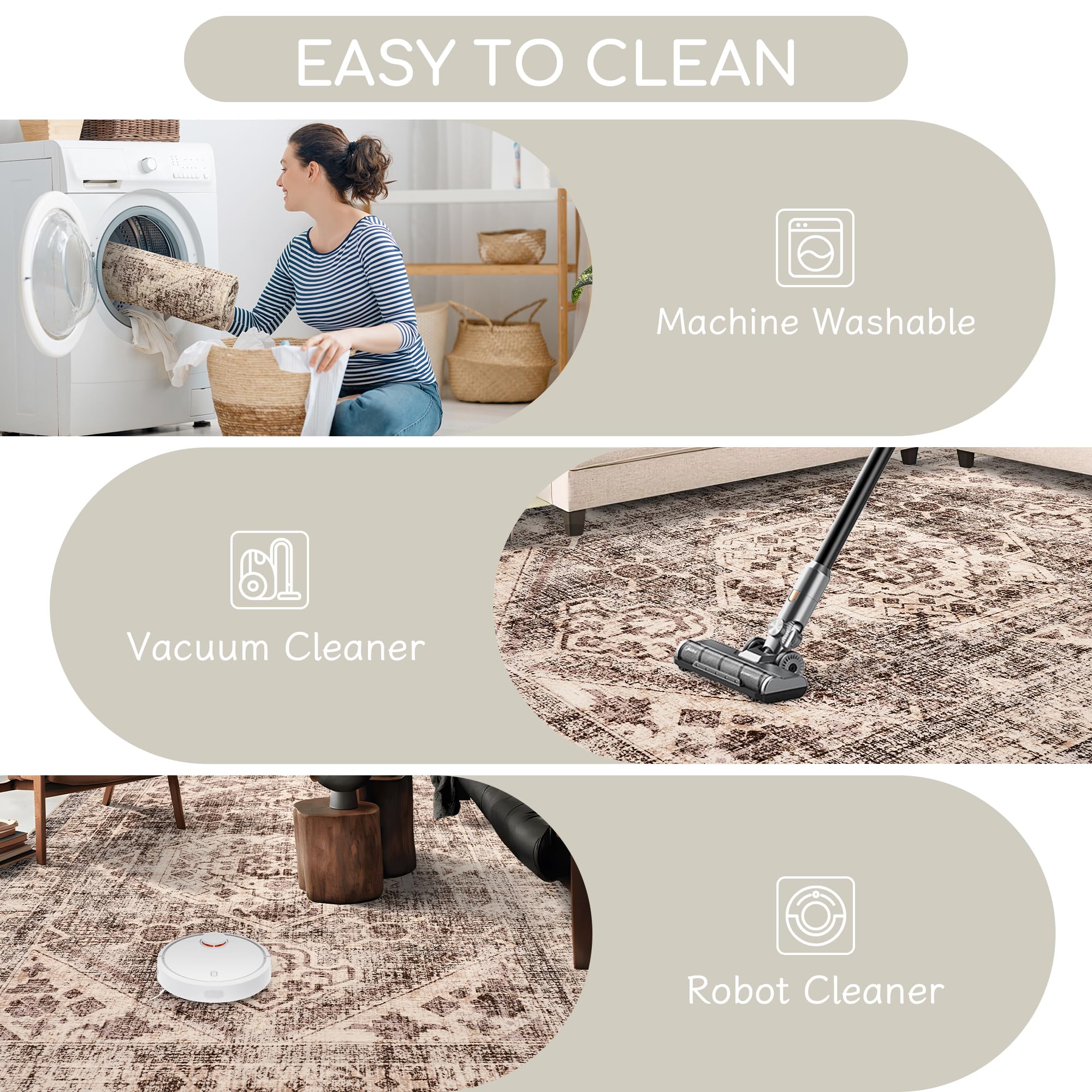 5x7 Washable Area Rug - Upgraded Denser Vintage Design with Honeycomb Non-Slip Backing - Easy Care Foldable Rug for Living Room, Bedroom, Kitchen, Dining Room & Home Office - Perfect for High Traffic Areas & Pet-Friendly Homes