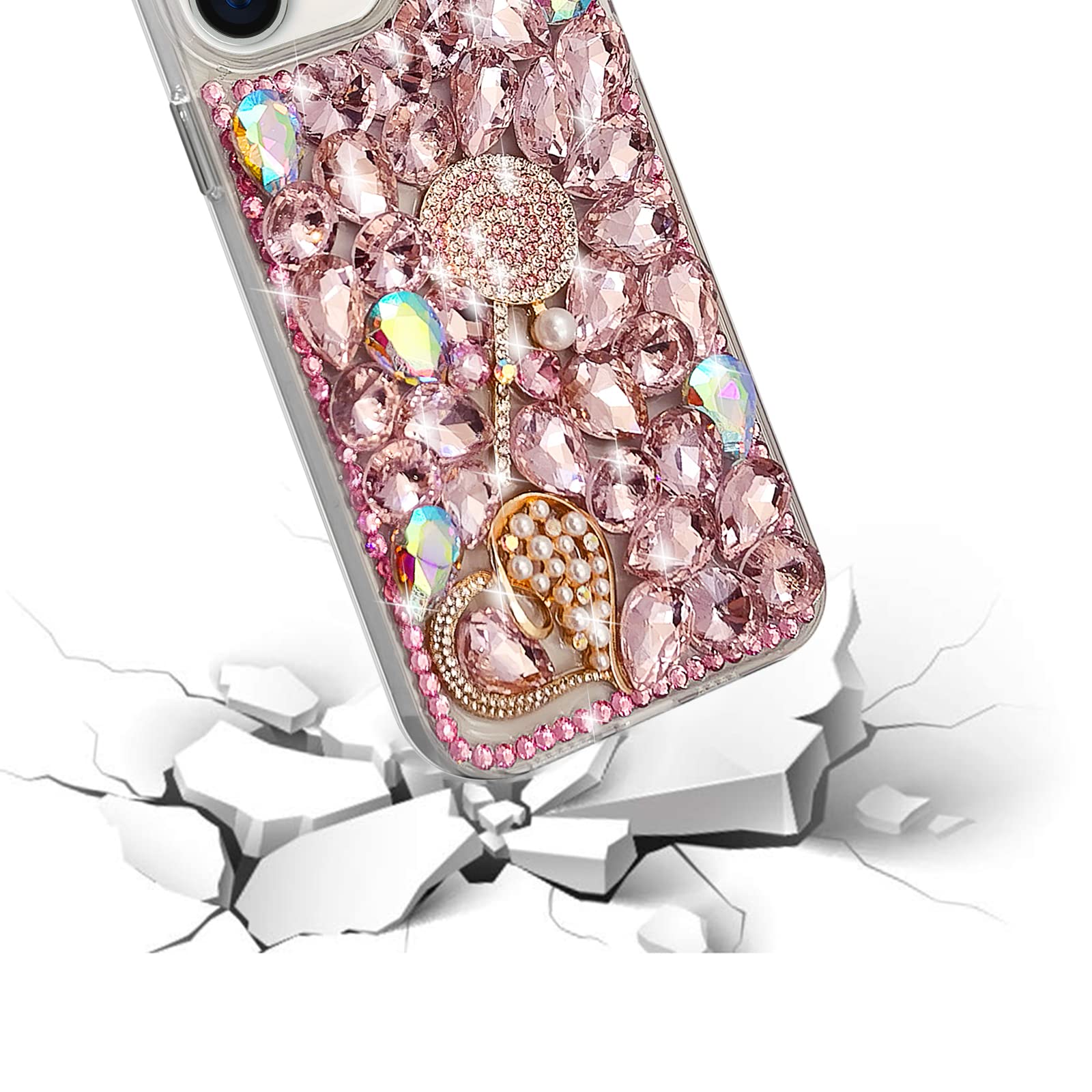 Losin Luxury Diamond Rhinestone Case for iPhone 13 Pro Max - Sparkling 3D Glitter Cover with Heart & Pearl Design - Fashion Bling Phone Case for Women & Girls (Perfect for Parties, Weddings & Special Occasions)