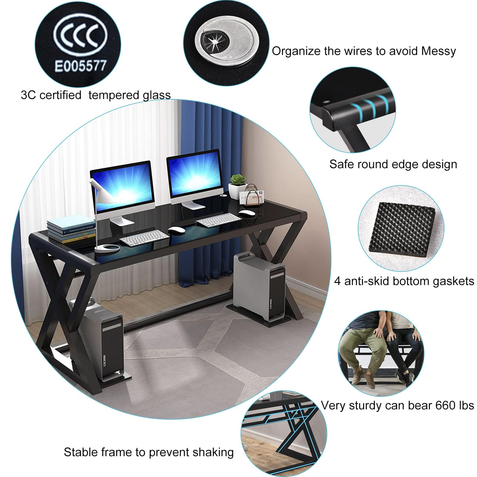 Modern Glass Top X-Frame Computer Desk - 55.1