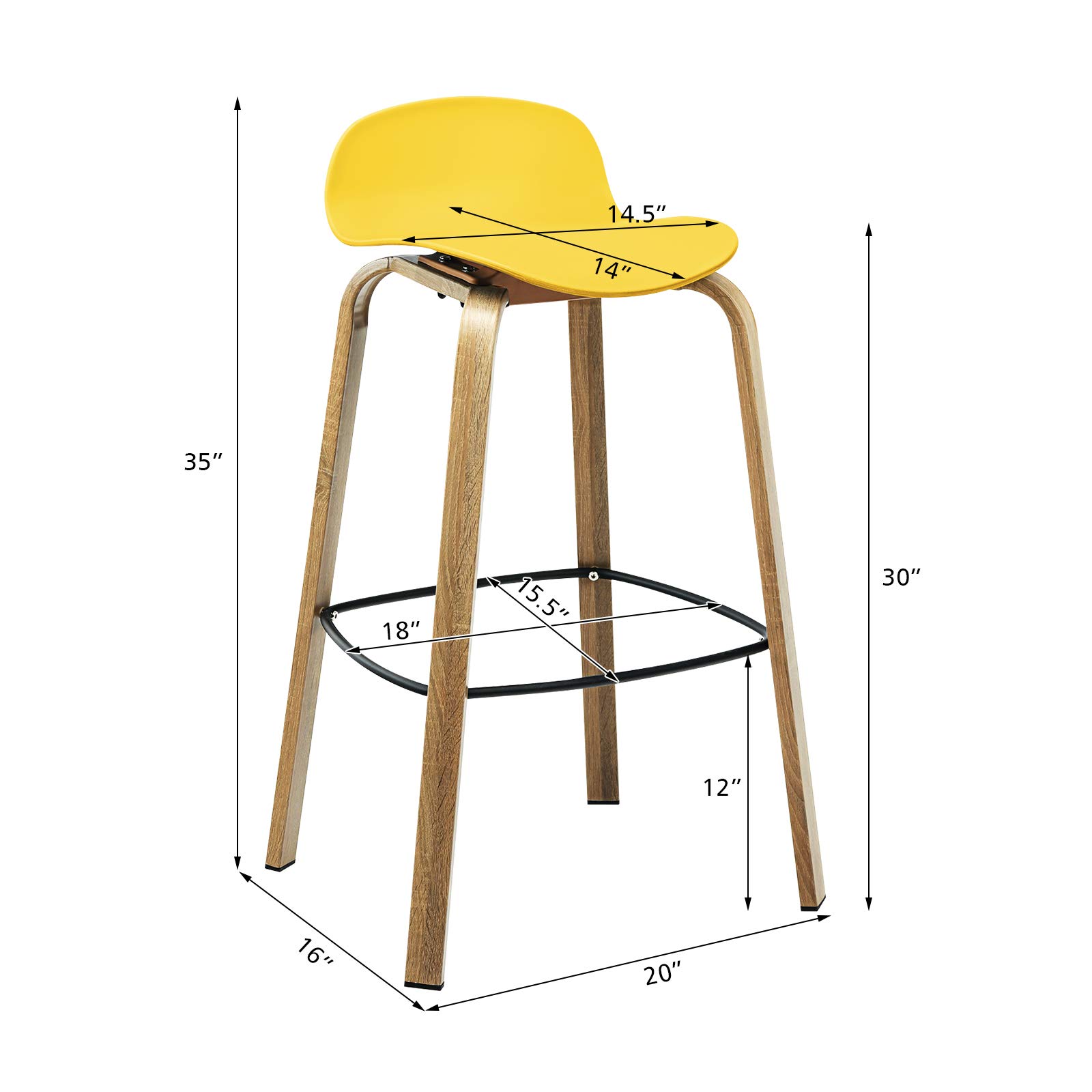 COSTWAY 30-Inch Bar Stools Set of 2 - Modern Minimalist High Chairs with Footrest, Low Backrest & Sturdy Metal Legs | Nordic Style Bar Stools for Pub, Kitchen Island, Dining & Living Room | Perfect for Small Spaces & Home Entertaining (Yellow)