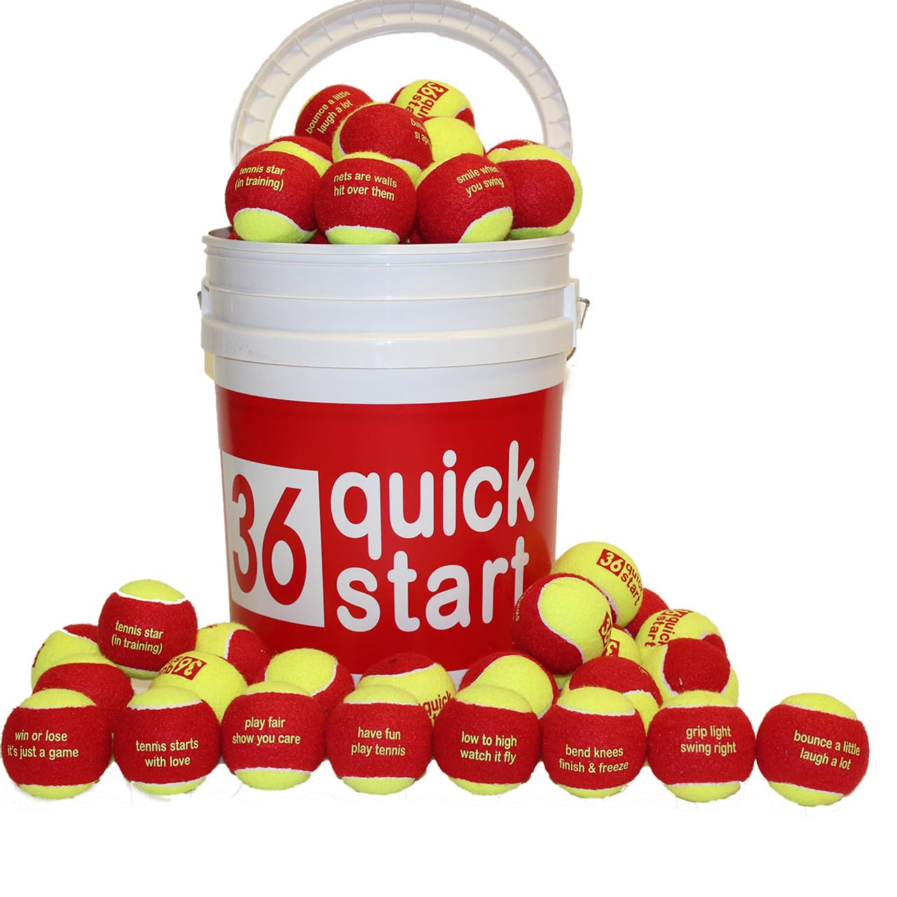 36 Inch Quick Start Red Felt Balls with Motivational Slogans - 24-Piece Bucket (Standard Tennis Ball Size) - Perfect for Sports Training, Team Building & Decorative Events