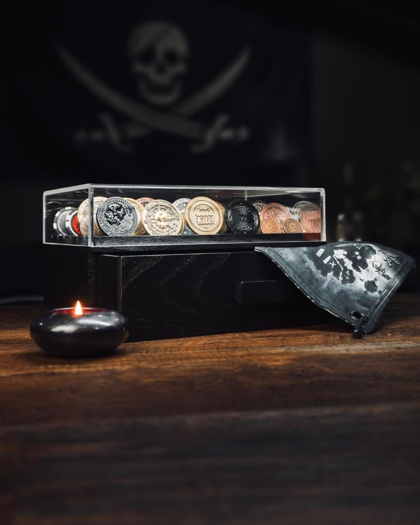 Large Black Wooden Challenge Coin Display Case with Clear Cover - Holds 36 Coins on Top & 36 in Drawer - Military, Poker Chip, and Collectible Display Case - Perfect for Home, Office, and Gift Presentations
