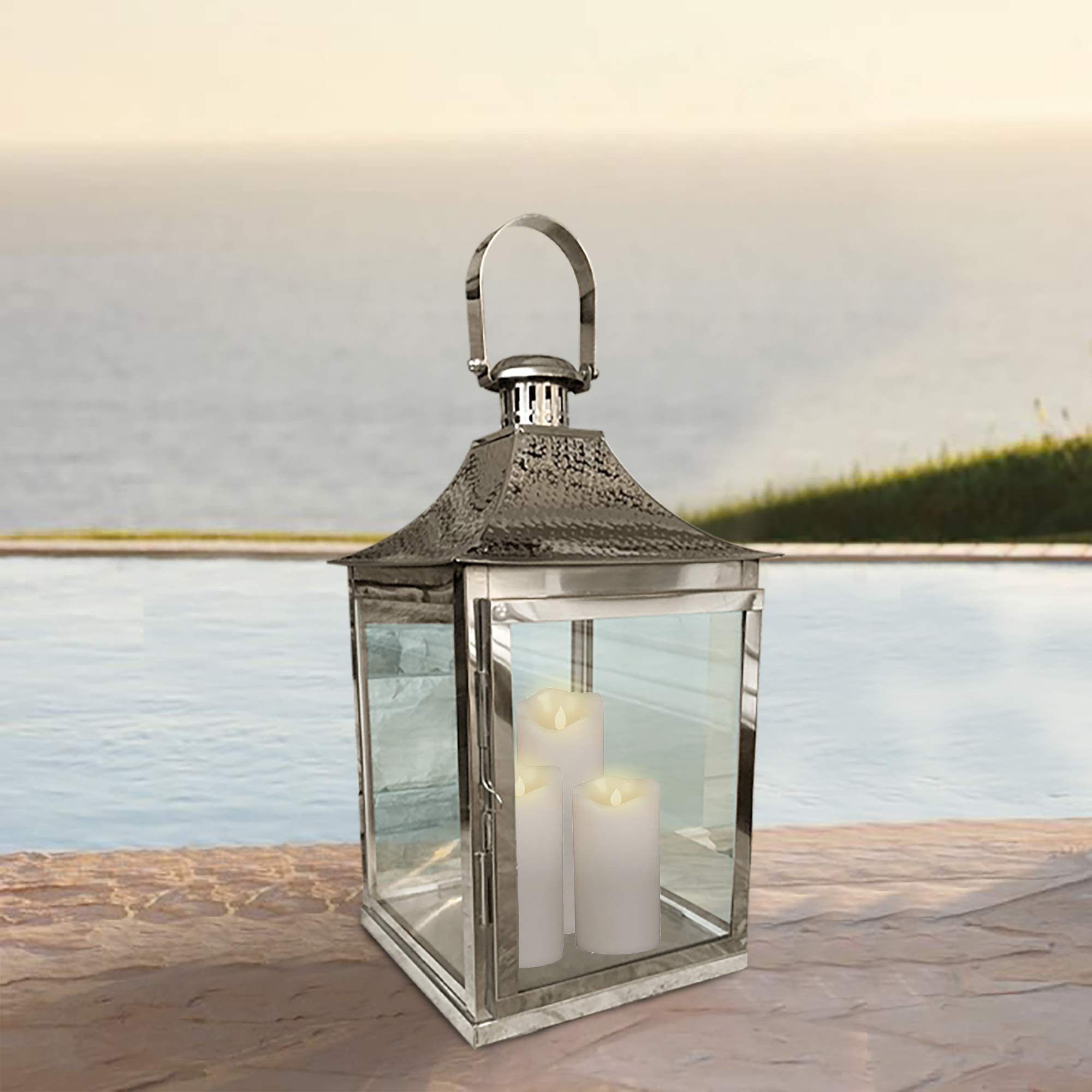 Decozen Large Glass Candle Lantern Stand in Antique Brass Finish - Rustic Farmhouse Decor for Home, Patio, Dining, Living Room, Bedroom & Office | Perfect for Wedding Centerpieces, Console Table Decor and Cozy Ambiance