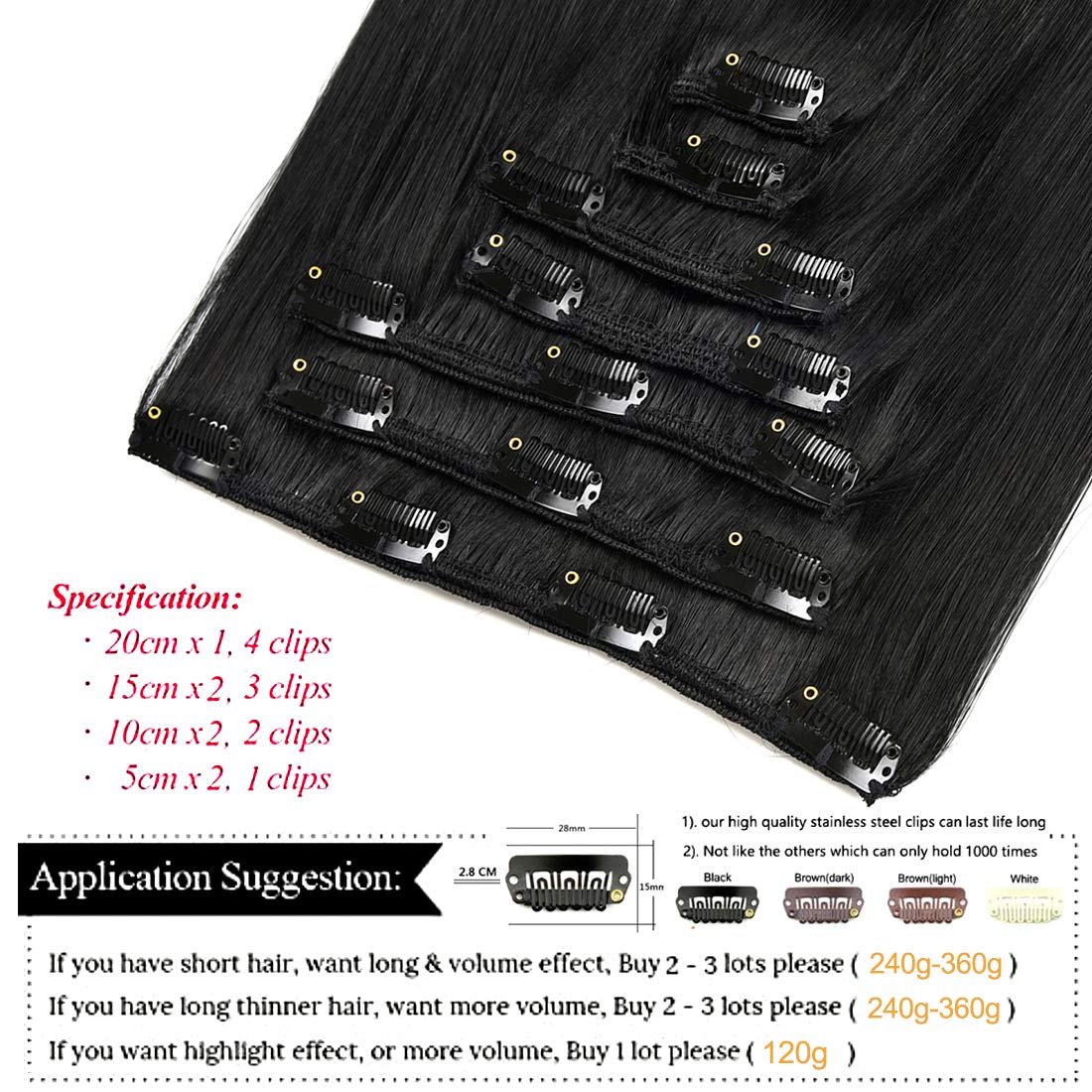 Clip in Hair Extensions 20 Inch Jet Black - 7pcs 120g Real Human Hair Extensions #1 Thickened Straight for Volume & Length | Perfect for Weddings, Parties & Daily Styling