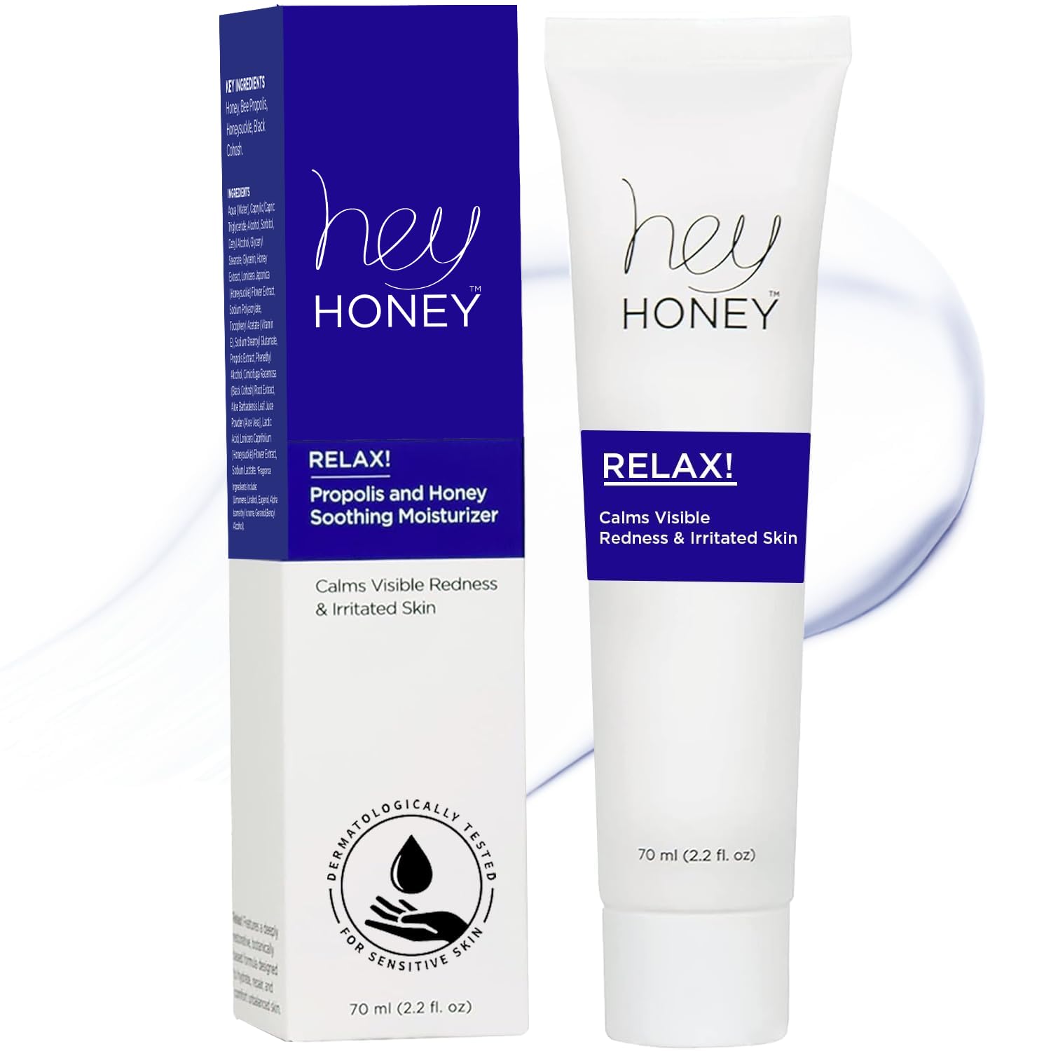 Hey Honey Skincare Relax - Instant Rosacea Treatment & Face Redness Relief | Dermatologist-Tested Calming Moisturizer for Sensitive Skin | Oil-Free with Honey & Propolis | Anti-Aging Benefits | 2.2 Oz | Perfect for Daily Soothing & Redness Reduction