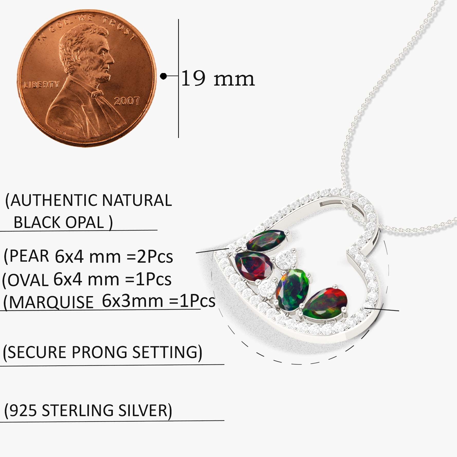 Natural Black Opal 4 Stone Heart Pendant Necklace - Elegant 925 Sterling Silver Chain Jewelry for Women, Perfect for Valentine's Day, Anniversary & Romantic Gifts