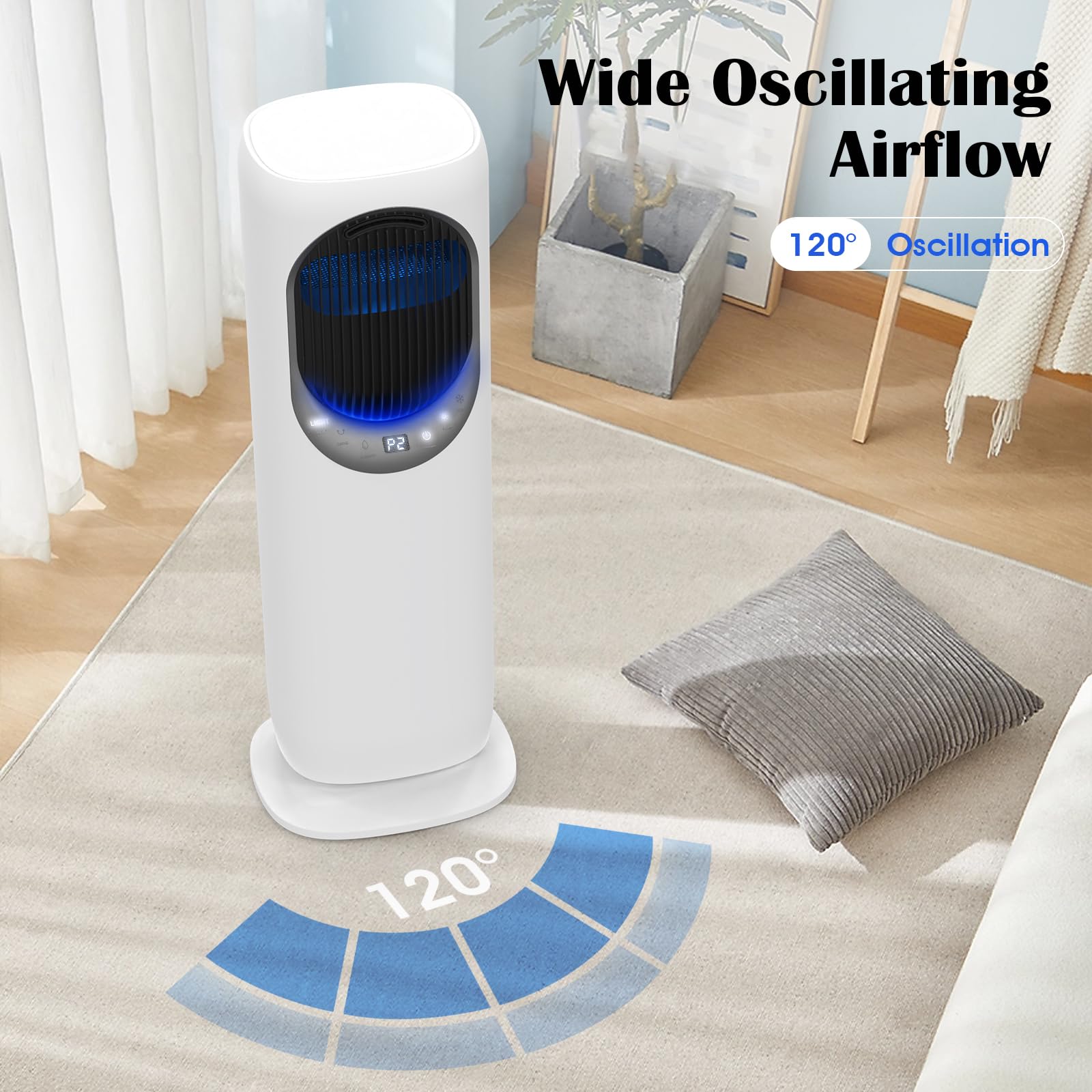 4-in-1 Evaporative Air Cooler & Heater Combo - 4L Water Tank, 120° Oscillating Tower Fan with Humidifier - Remote Control & 12H Timer - Includes 2 Ice Packs (Panel-Crescent Design) - Perfect for Bedroom, Living Room & Office Cooling