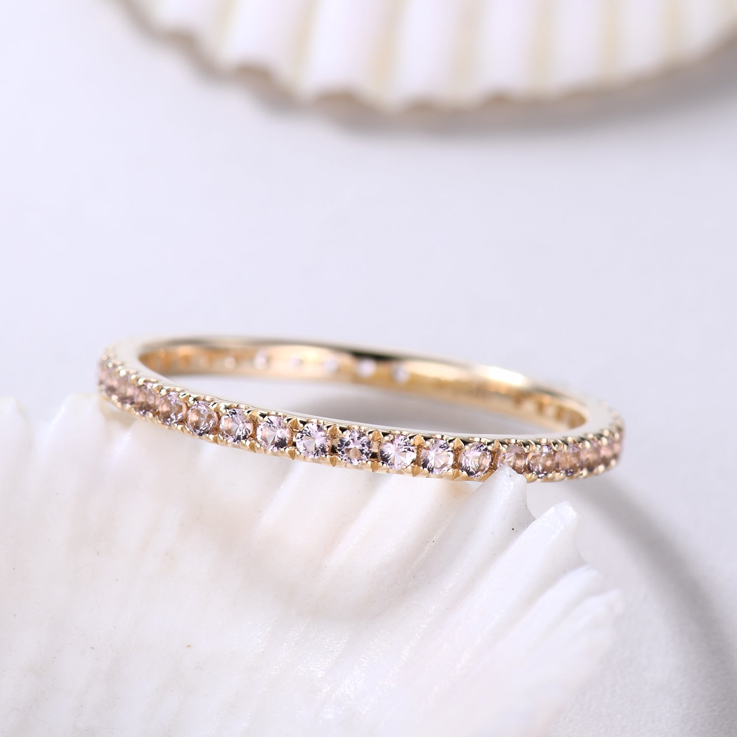 14K Yellow Gold Petite Morganite Wedding Band - Micro Pave Eternity Ring for Women | Perfect for Engagement, Anniversary & Bridal Jewelry Gifts