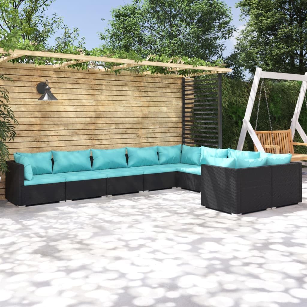 Modular Poly Rattan Patio Lounge Set with Cushions - Durable Steel Frame Outdoor Furniture with Removable Fabric Cushions in Black & Blue - Perfect for Backyard, Poolside & Garden Relaxation