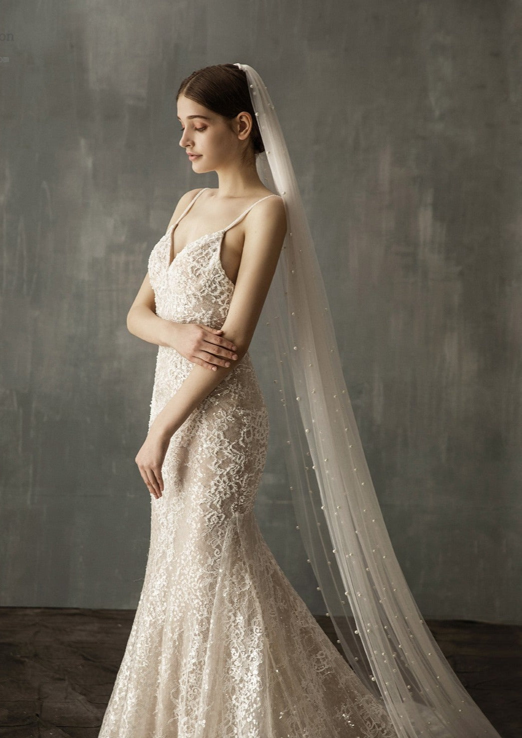 Elegant Diana Cathedral Length Wedding Veil with Pearl Embellishments - Perfect for Bridal Ceremonies and Formal Events