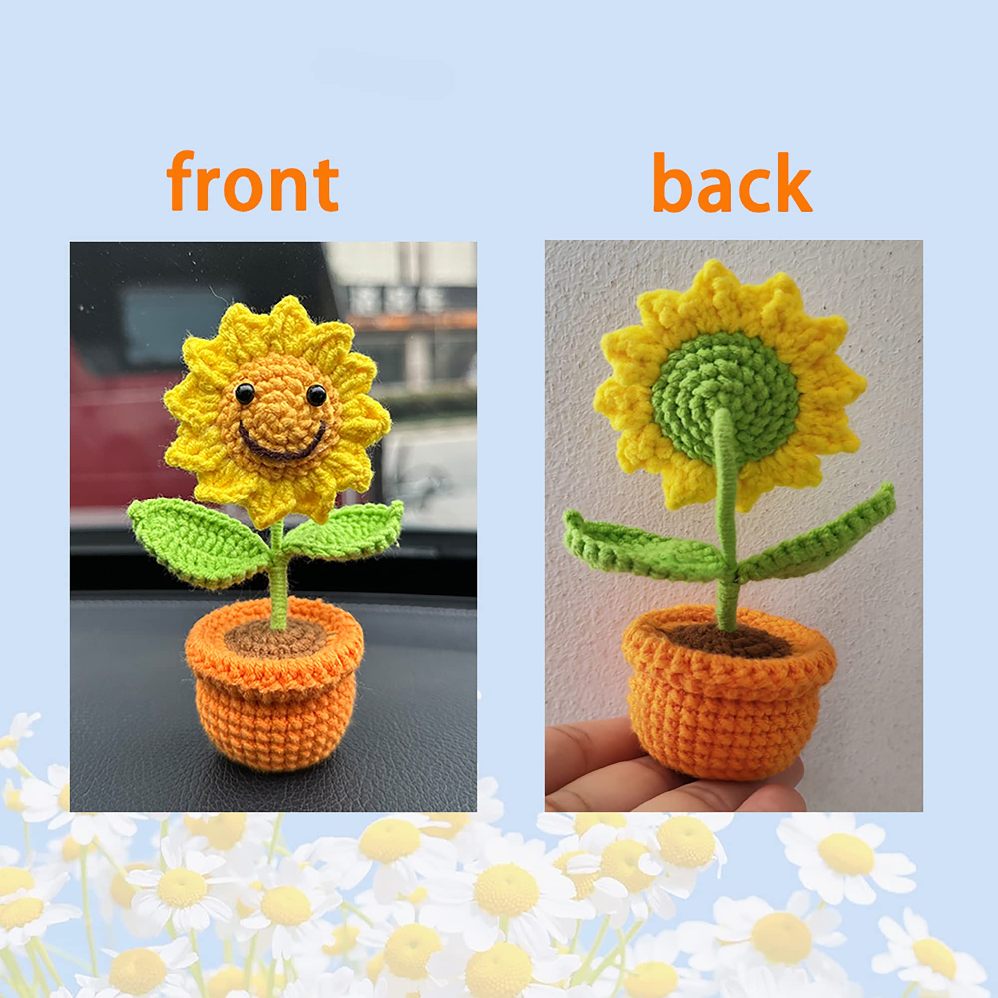 Crochet Smiley Sunflower Car Dashboard Decor - Handmade Sunflower Bouquet for Women, Cute Girl Gift, Car Interior & Desk Ornament - Perfect for Home, Office, and Vehicle Decoration
