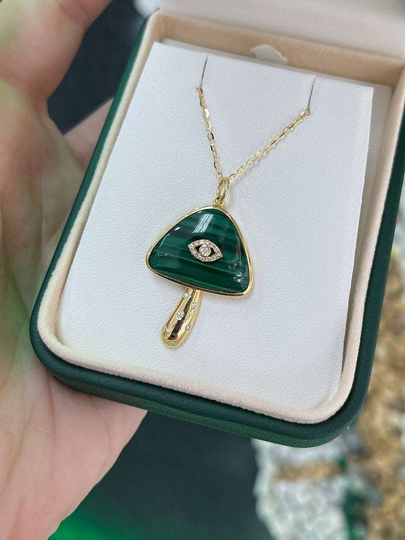 15.45tcw 14K Gold Natural Malachite & Diamond Evil Eye Pendant Necklace for Women - Protection Jewelry Gift for Birthday, Anniversary & Spiritual Healing